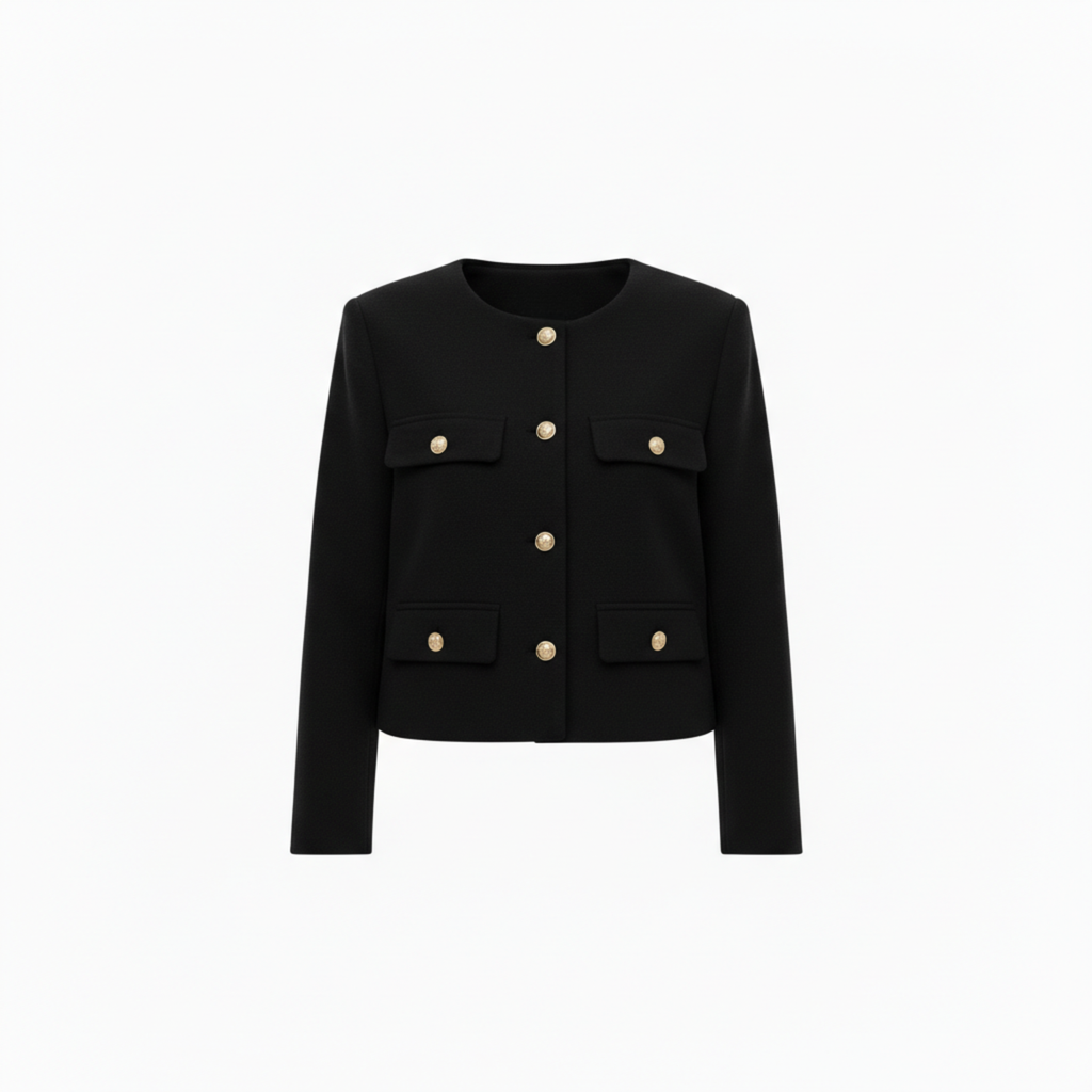 Polyester Round Neck Jacket with Gold Buttons and Pockets for Women