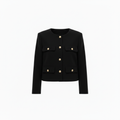 Polyester Round Neck Jacket with Gold Buttons and Pockets for Women