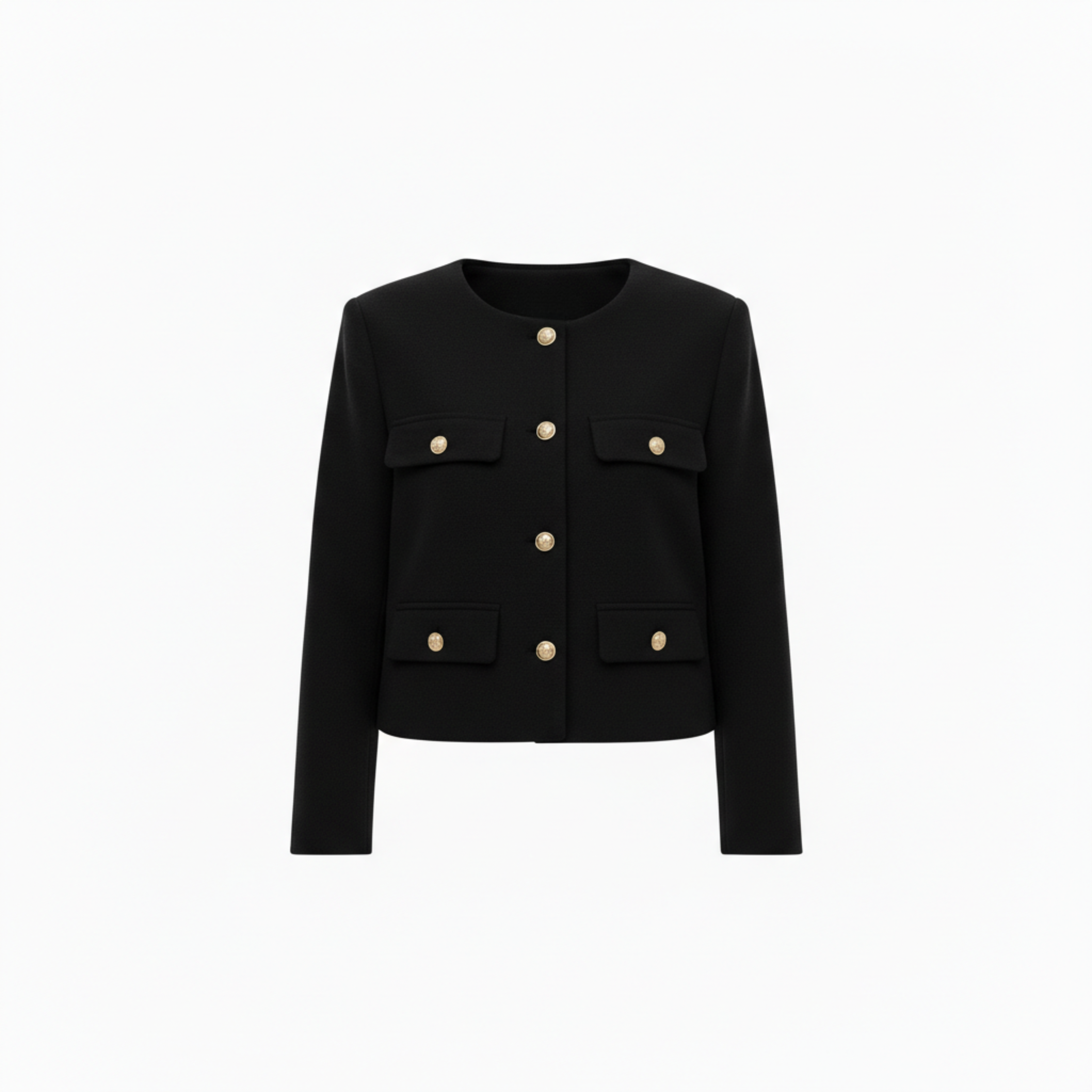 Polyester Round Neck Jacket with Gold Buttons and Pockets for Women