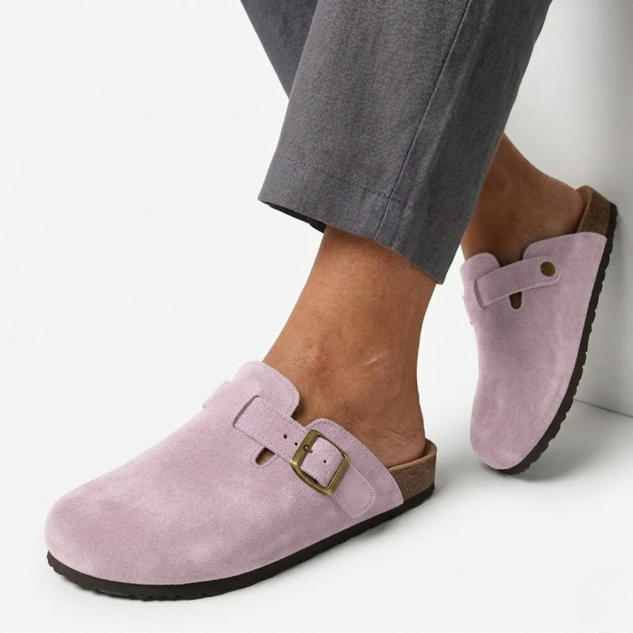 Suede Clogs with Cork Sole and Adjustable Buckle for Women
