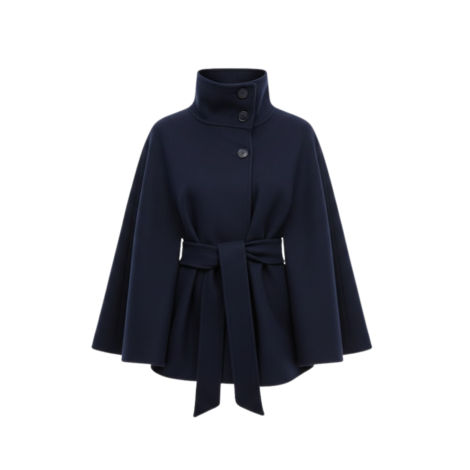 Structured cape coat with belt and standing collar