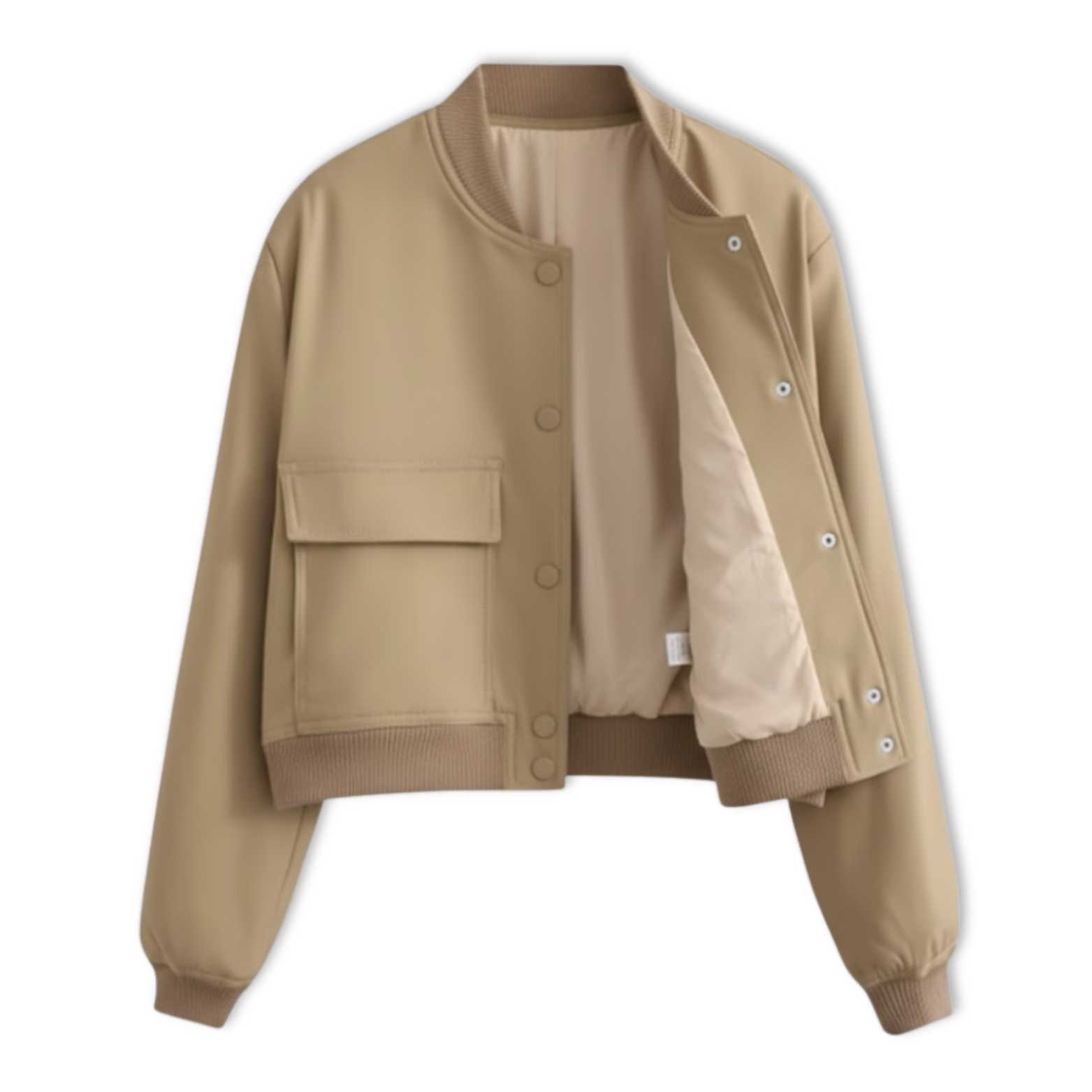 Short women's bomber jacket with snap buttons and large patch pockets