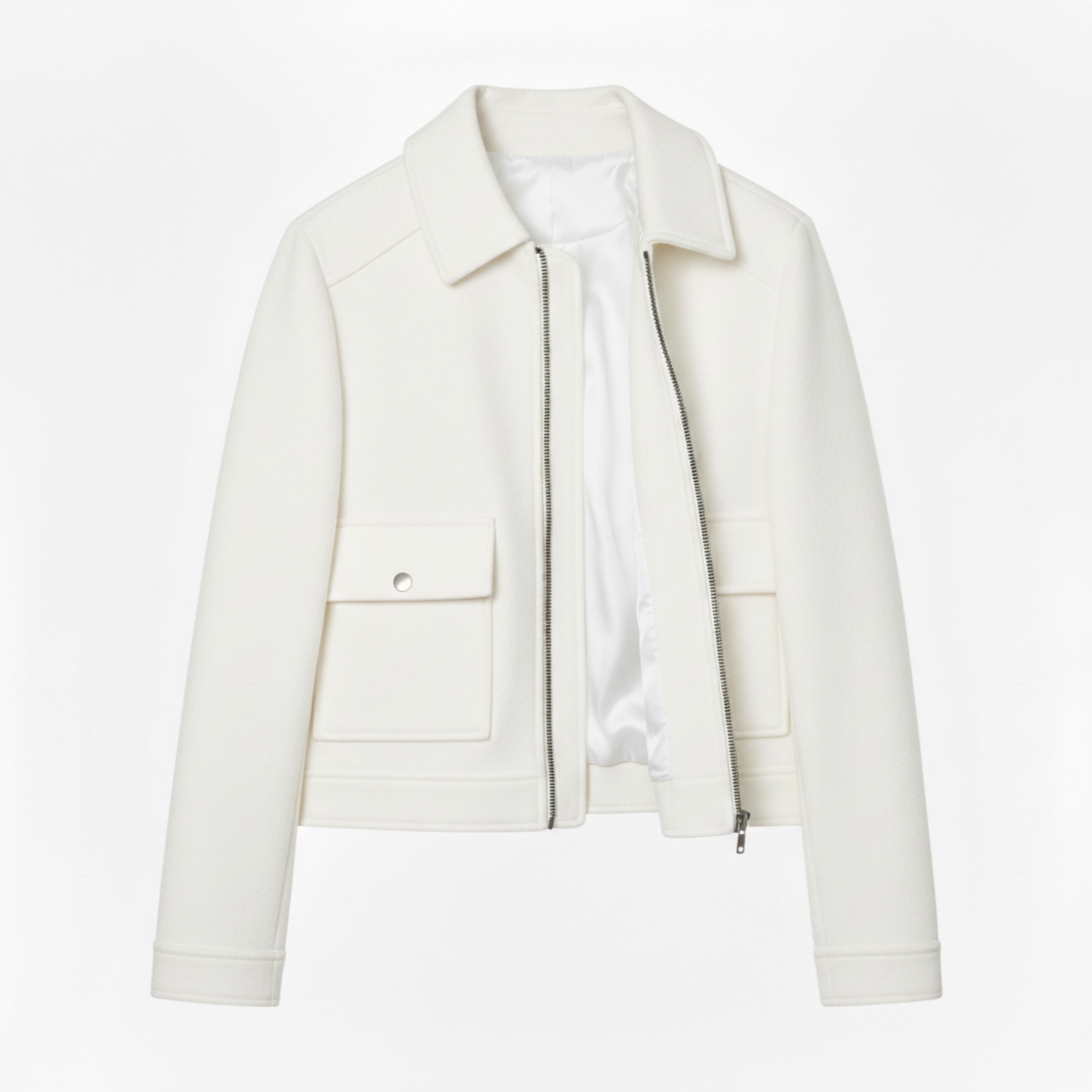 Short Polyester Jacket with Turn-Down Collar and Zipper Closure for Women