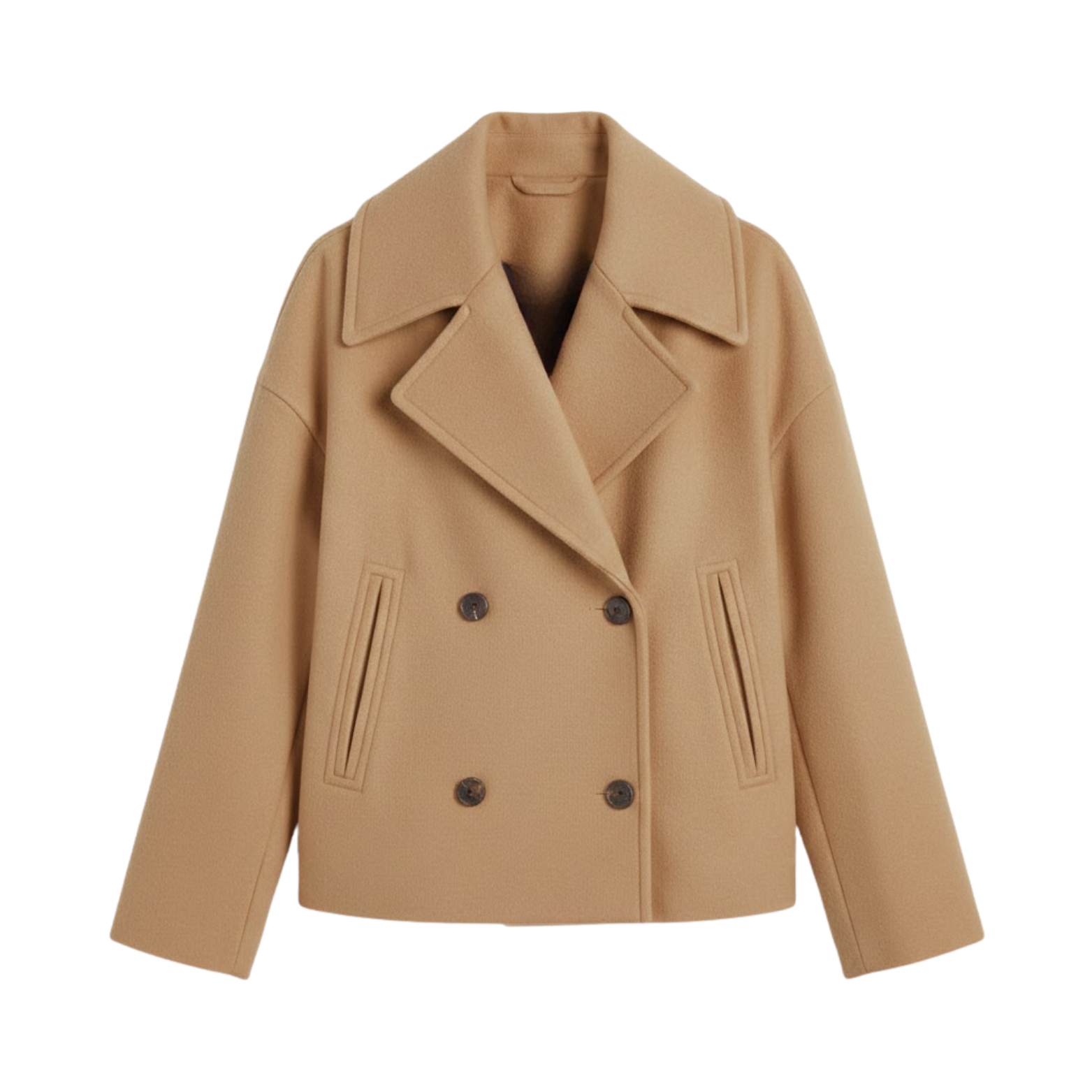 Short wool coat for women with double-breasted front and relaxed lapel collar