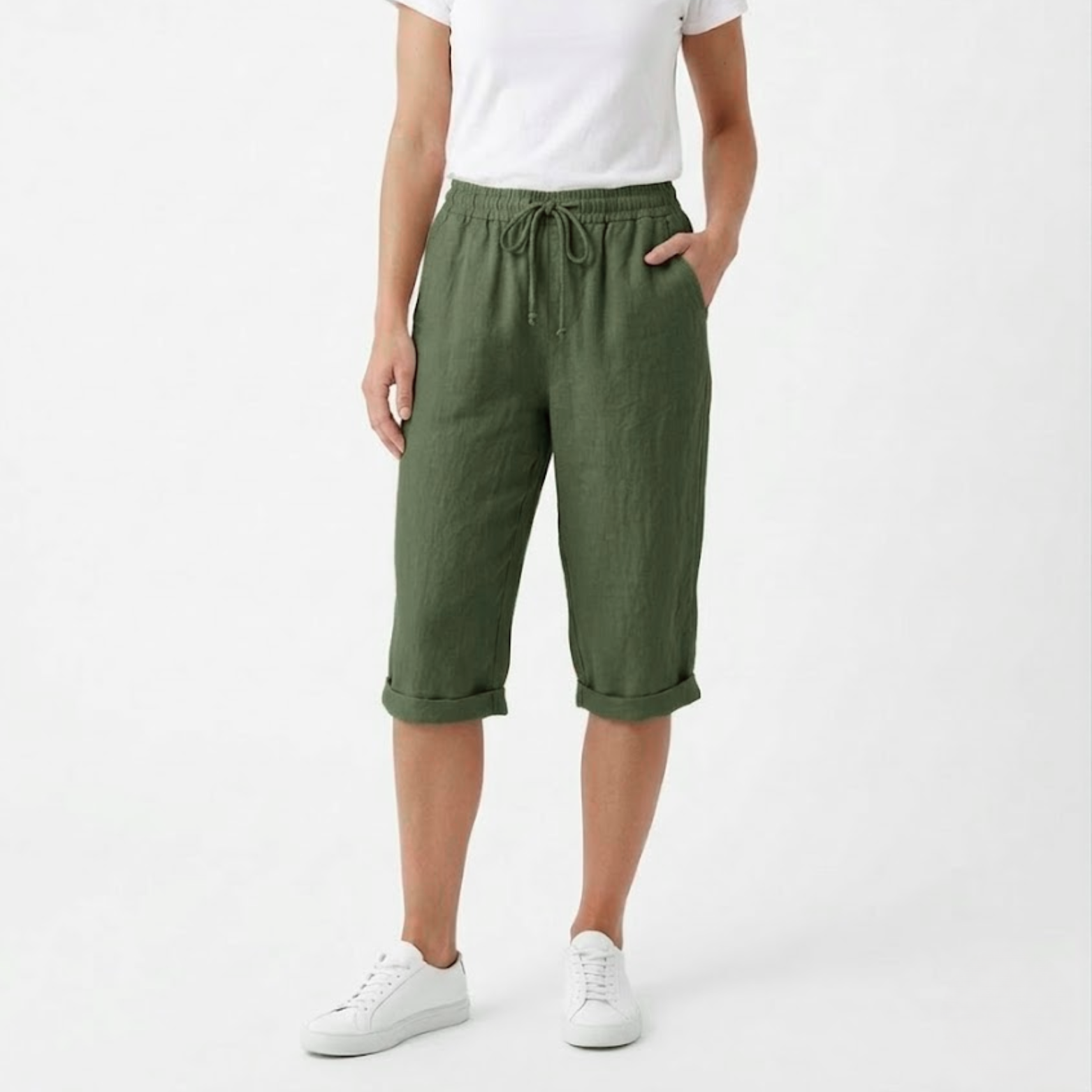 Cotton and Linen Shorts with Elastic Waist and Pockets for Women