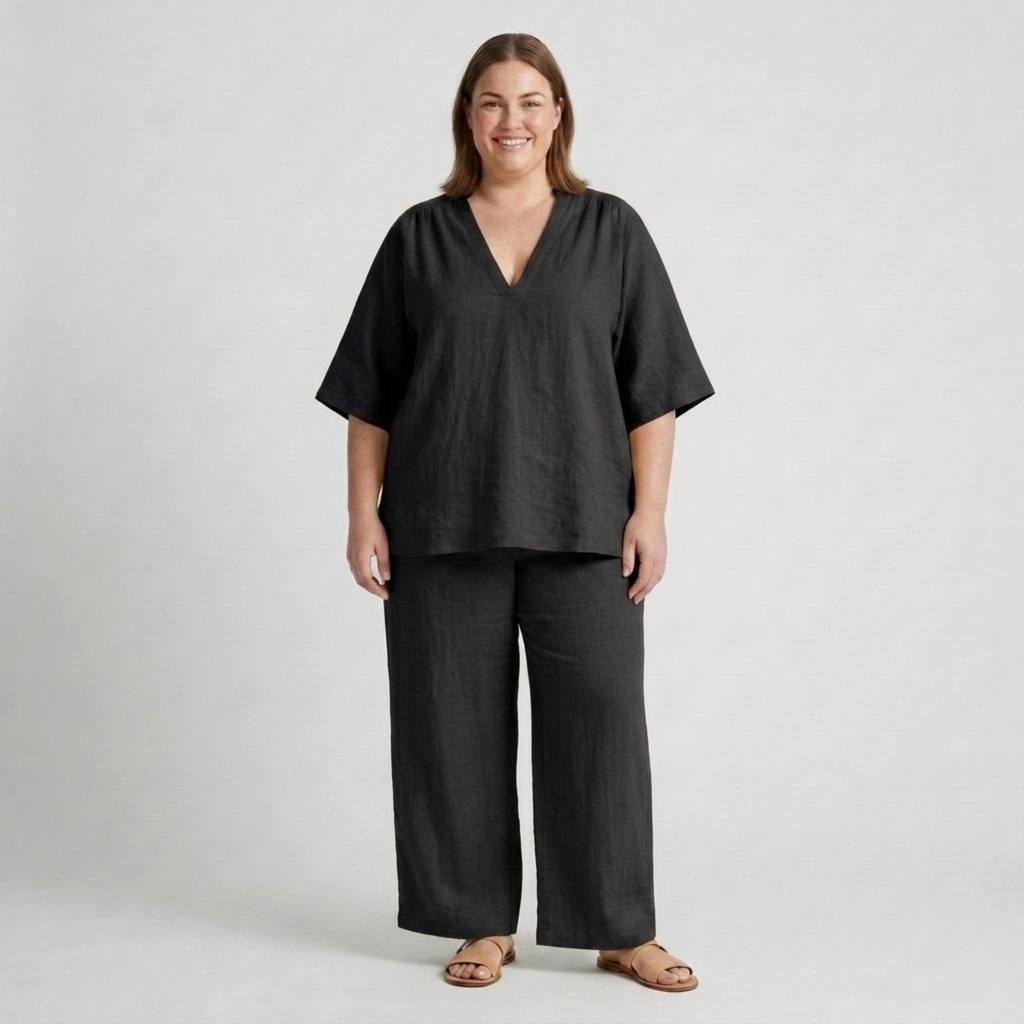Plus size two-piece set for women with loose V-neck top and flowy pants
