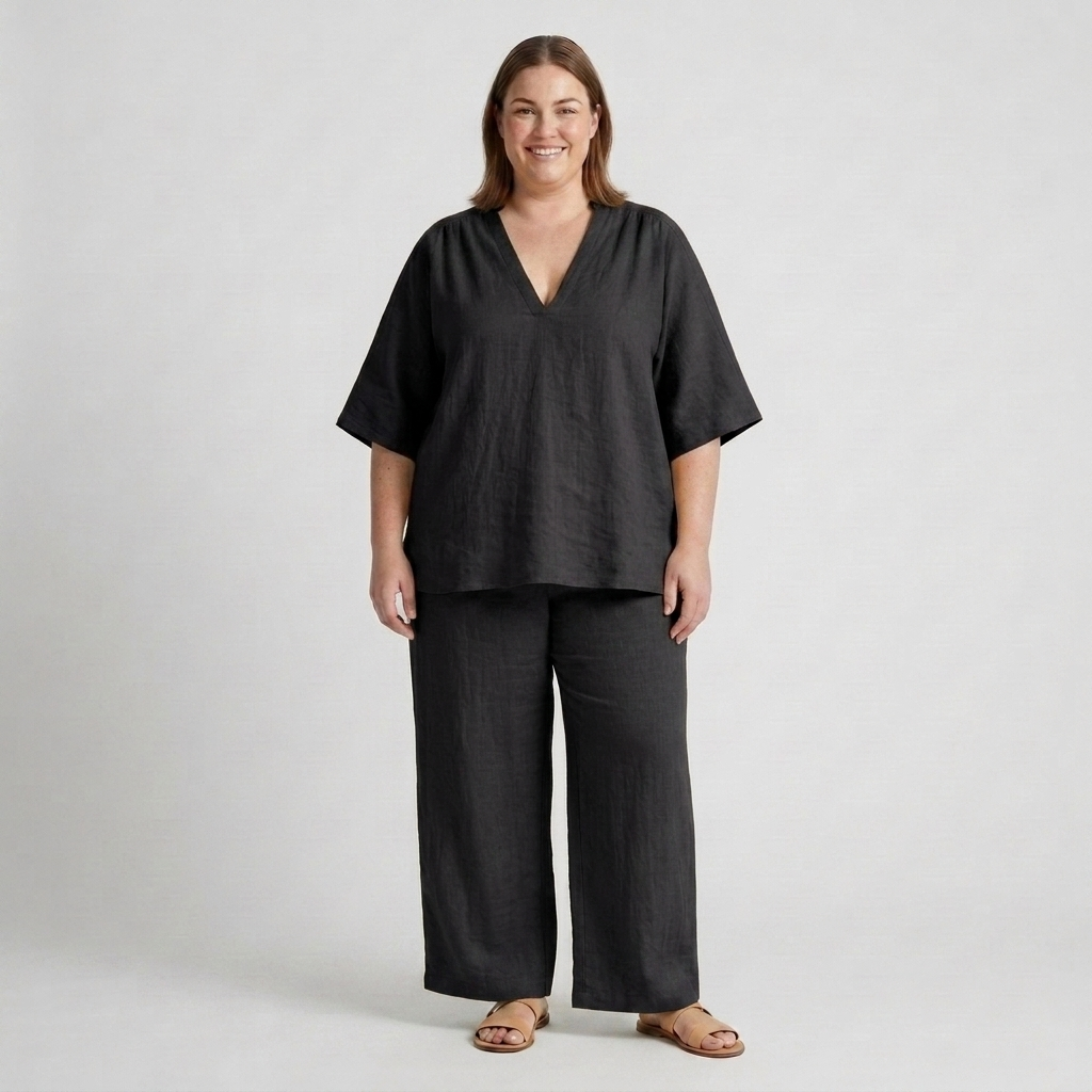 Plus size two-piece set for women with loose V-neck top and flowy pants