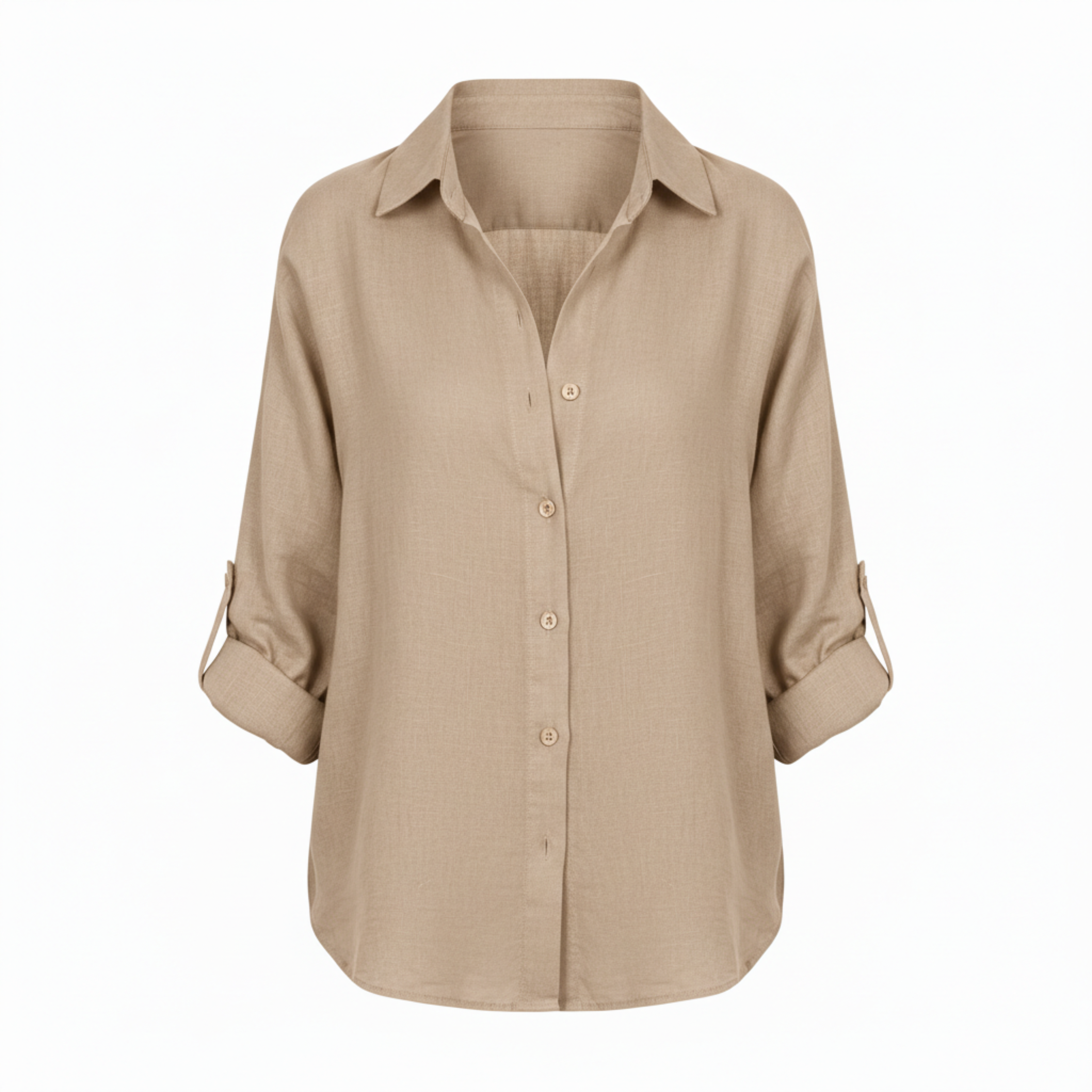 Loose casual button-up shirt for women with three-quarter sleeves and split neckline