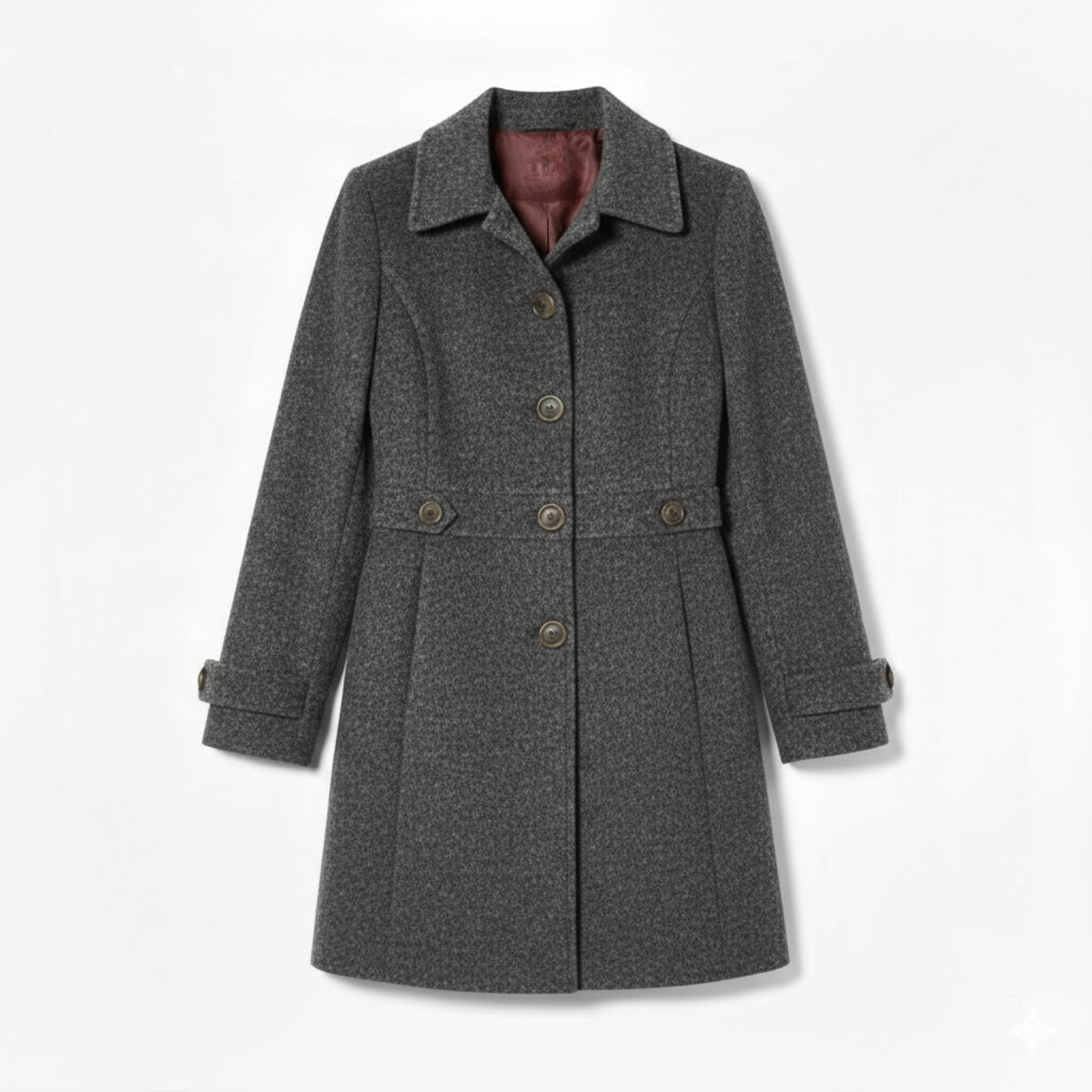 Mid-length wool coat with tailored collar and multiple buttons