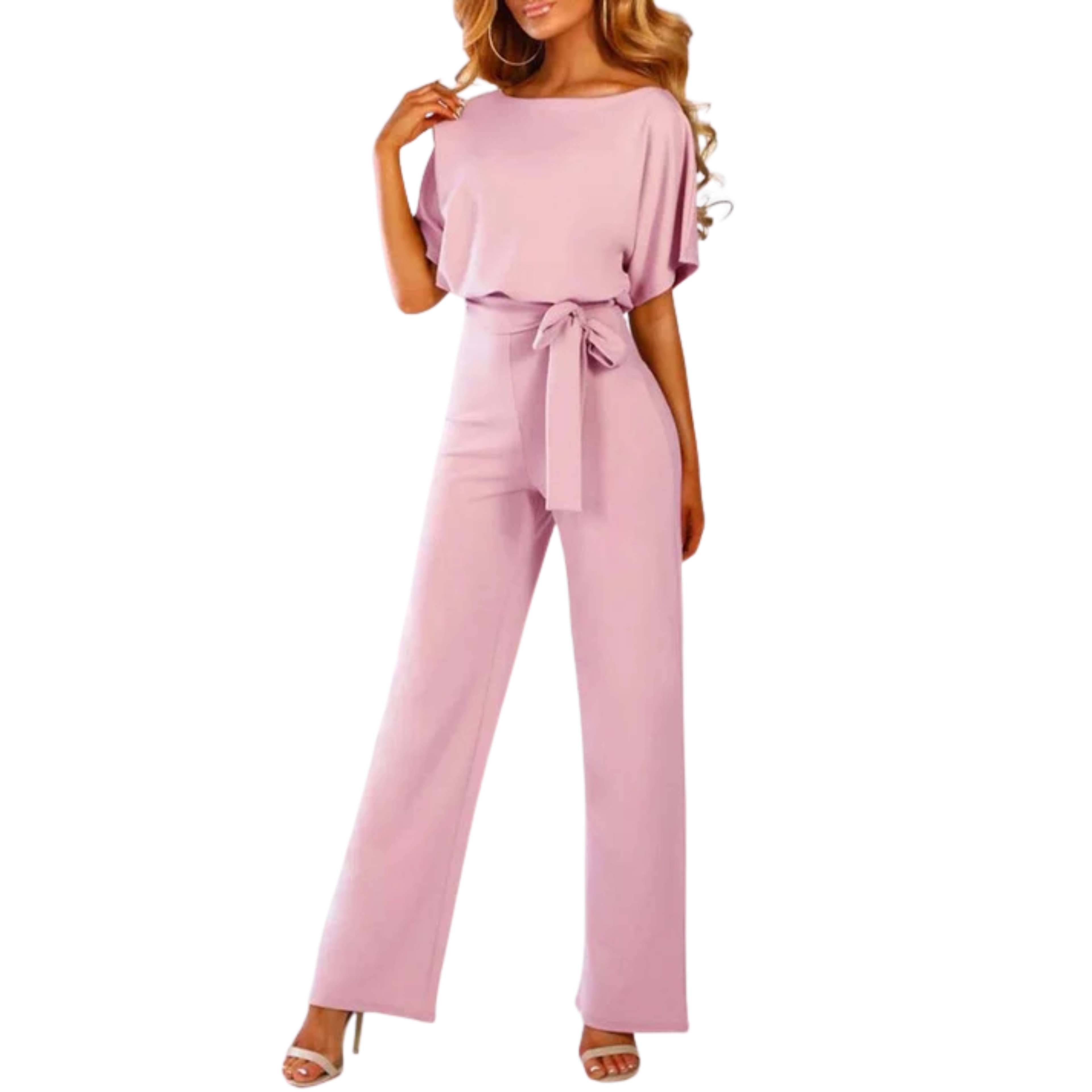 Wide-leg jumpsuit — short sleeves and belt — everyday