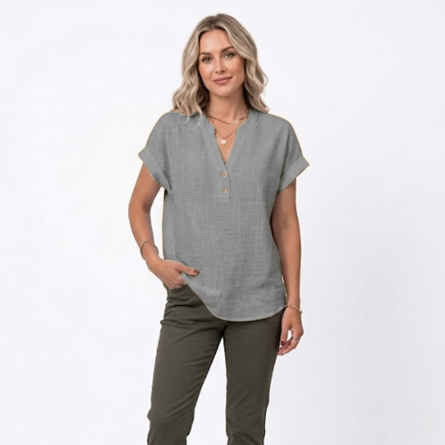 Cotton and Linen V-Neck Short Sleeve Blouse for Women