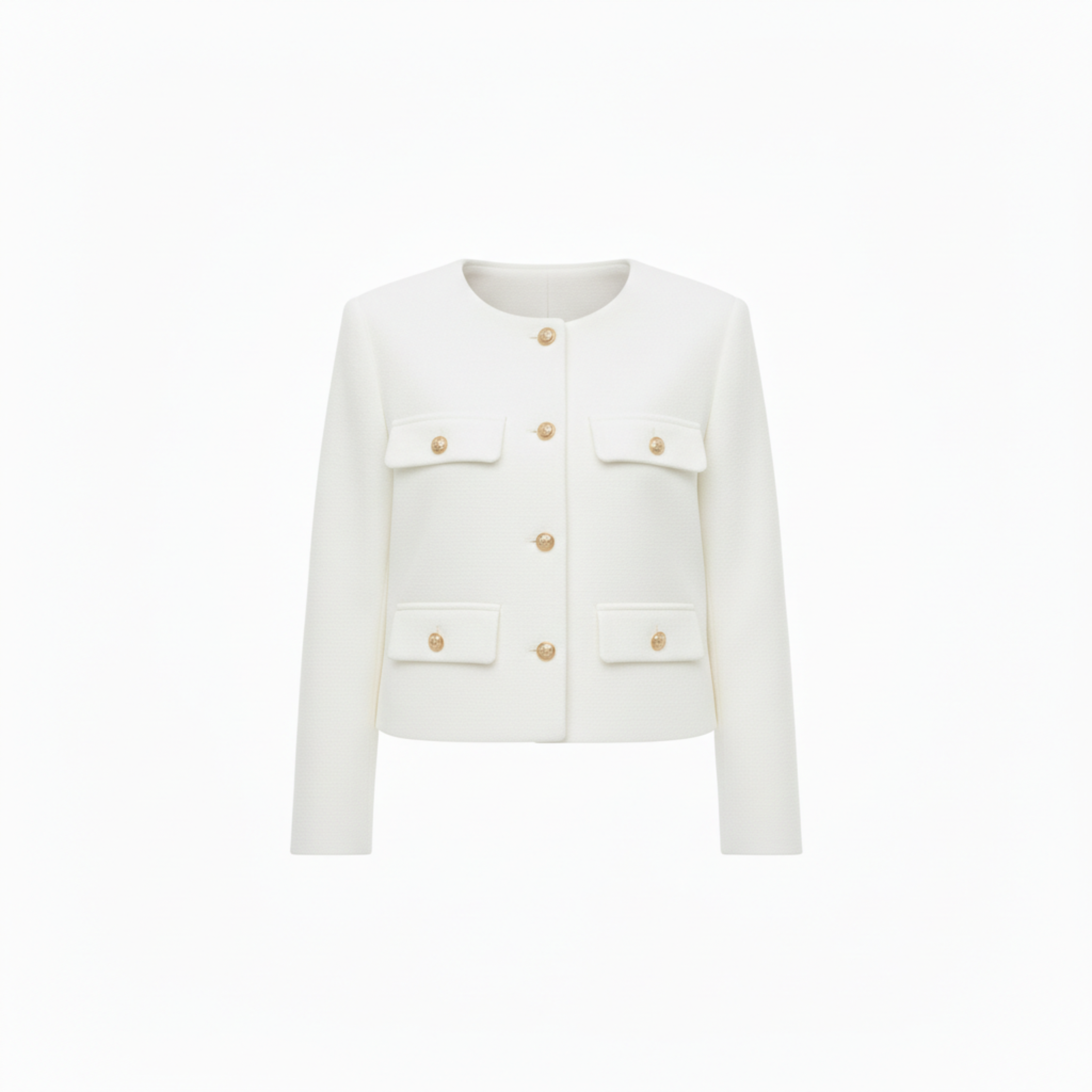 Polyester Round Neck Jacket with Gold Buttons and Pockets for Women