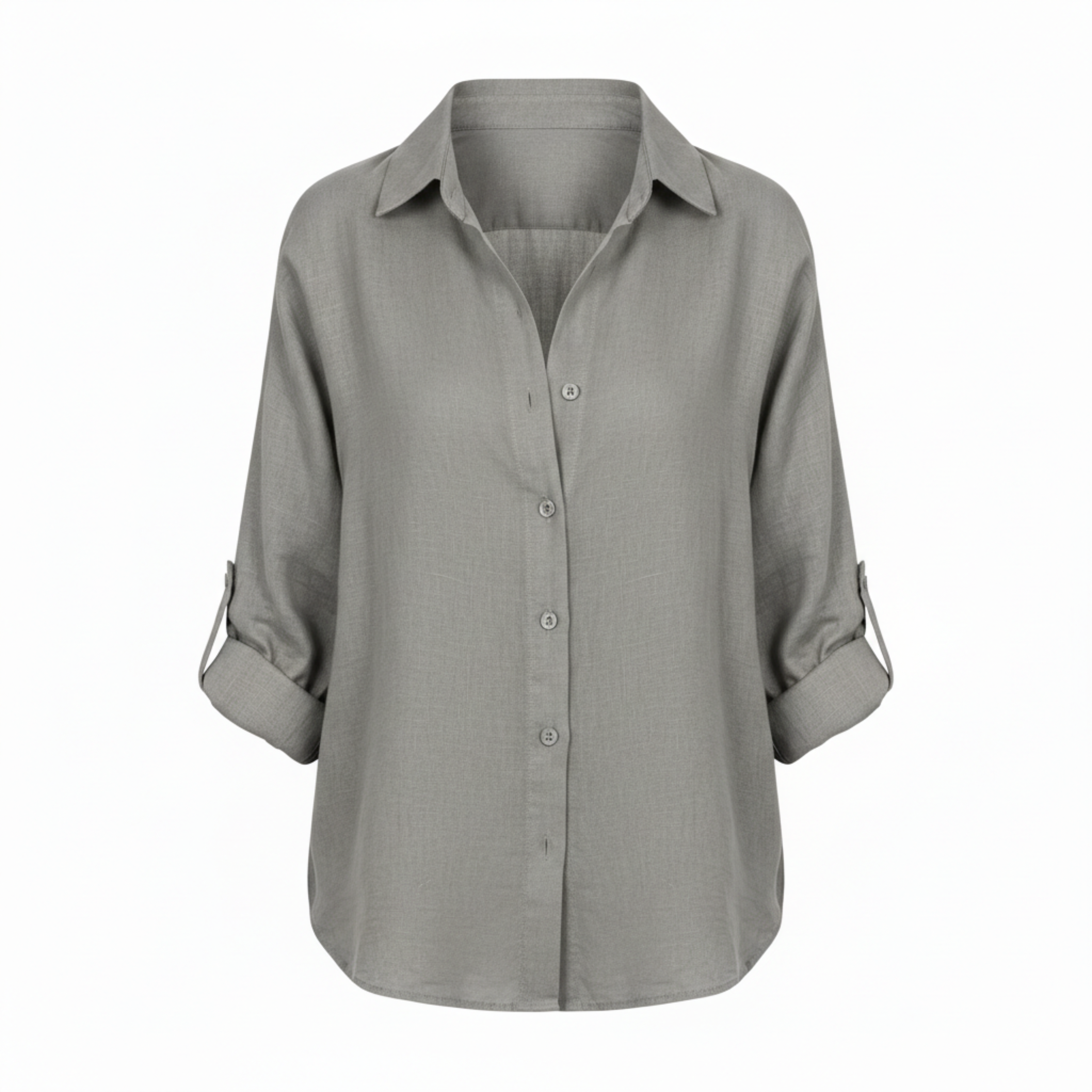 Loose casual button-up shirt for women with three-quarter sleeves and split neckline