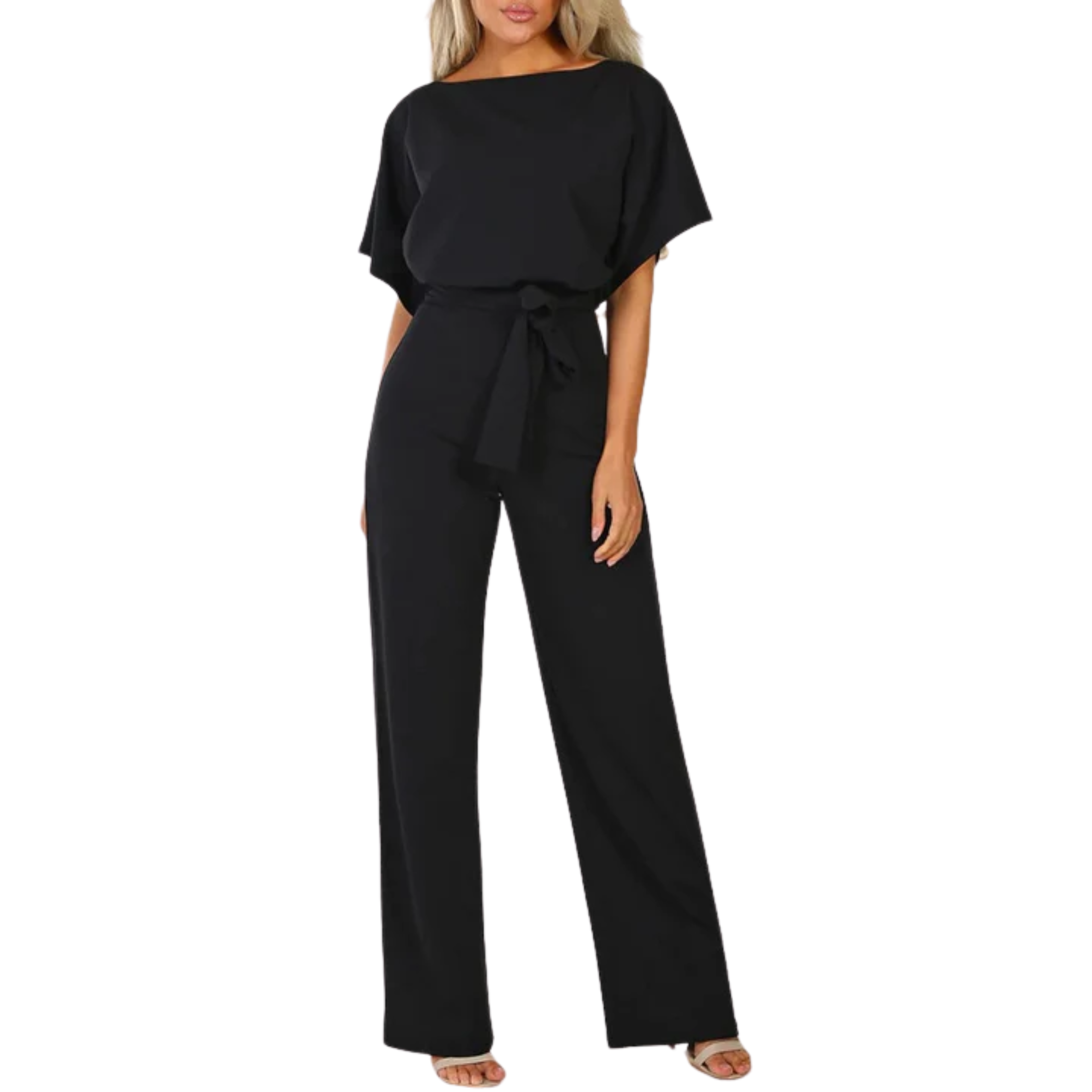 Women's wide-leg jumpsuit — with belt and short sleeves — beach