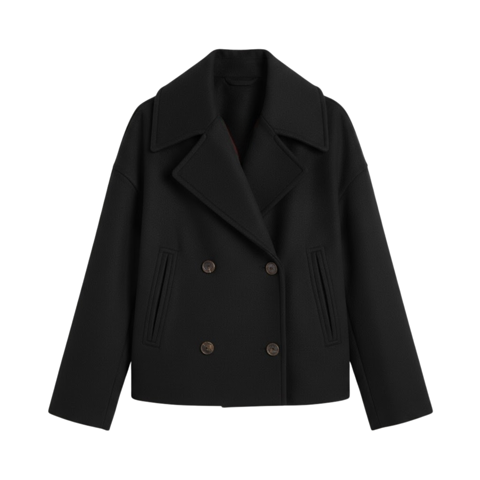 Short wool coat for women with double-breasted front and relaxed lapel collar