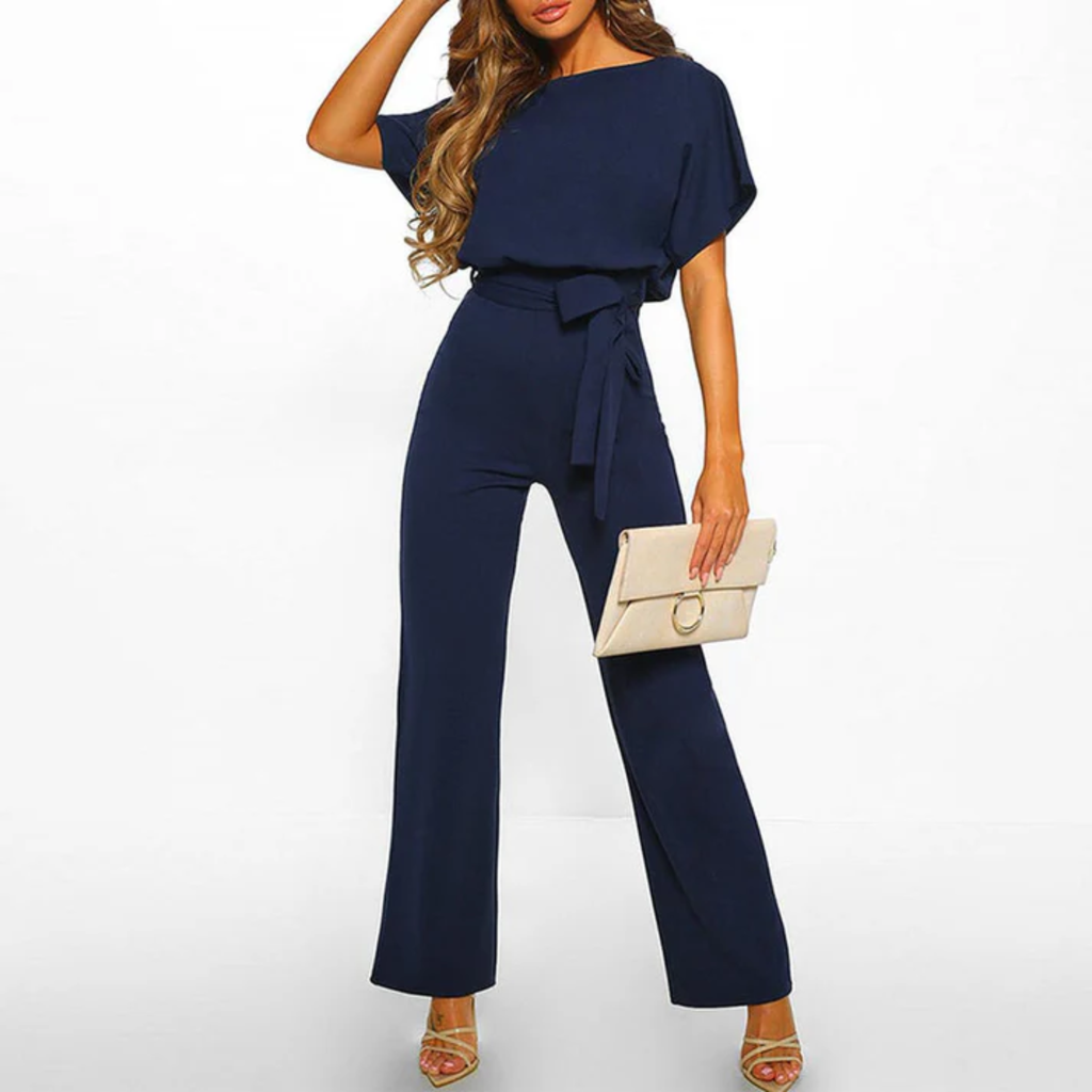 Wide-leg jumpsuit — short sleeves and belt — everyday