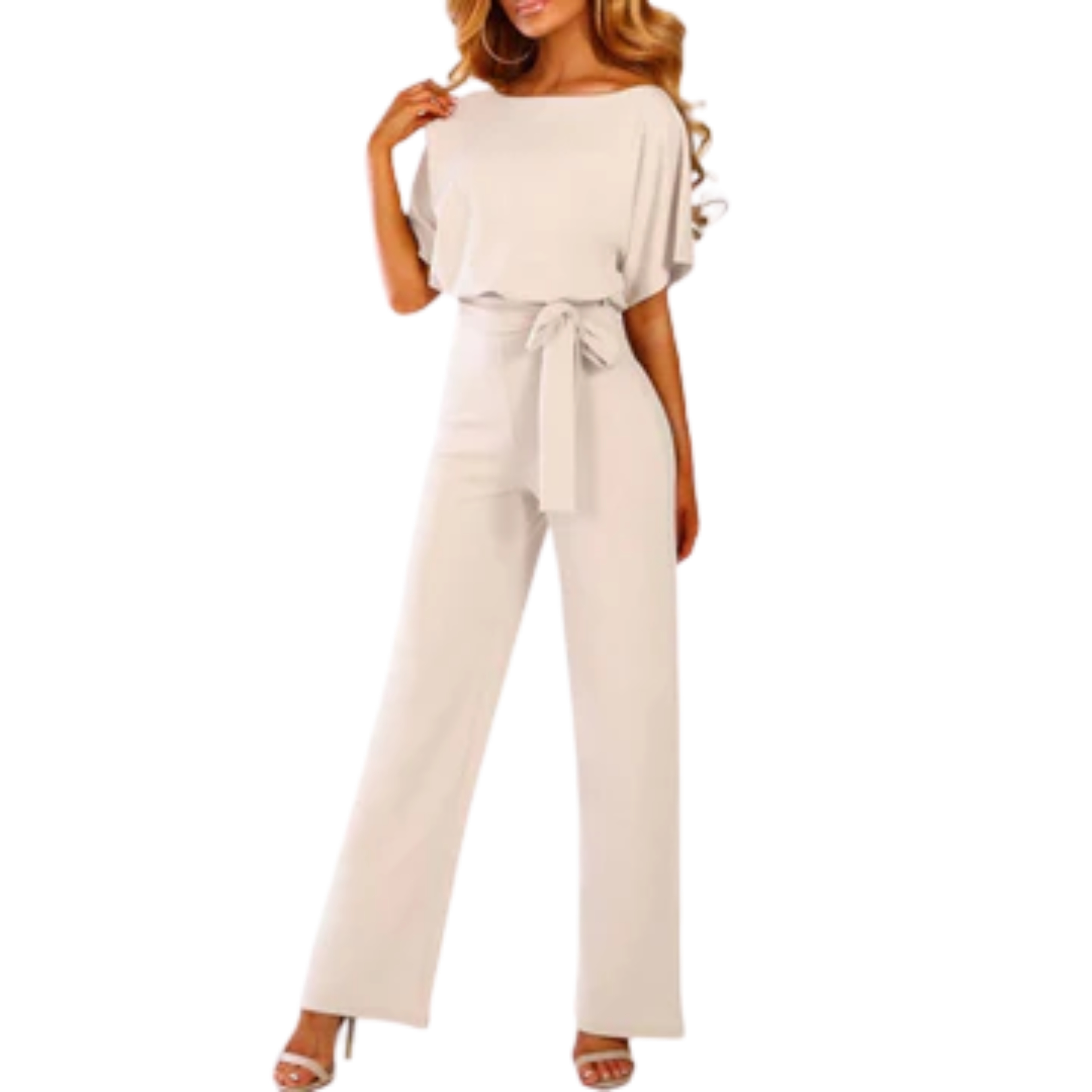 Women's wide-leg jumpsuit — with belt and short sleeves — beach