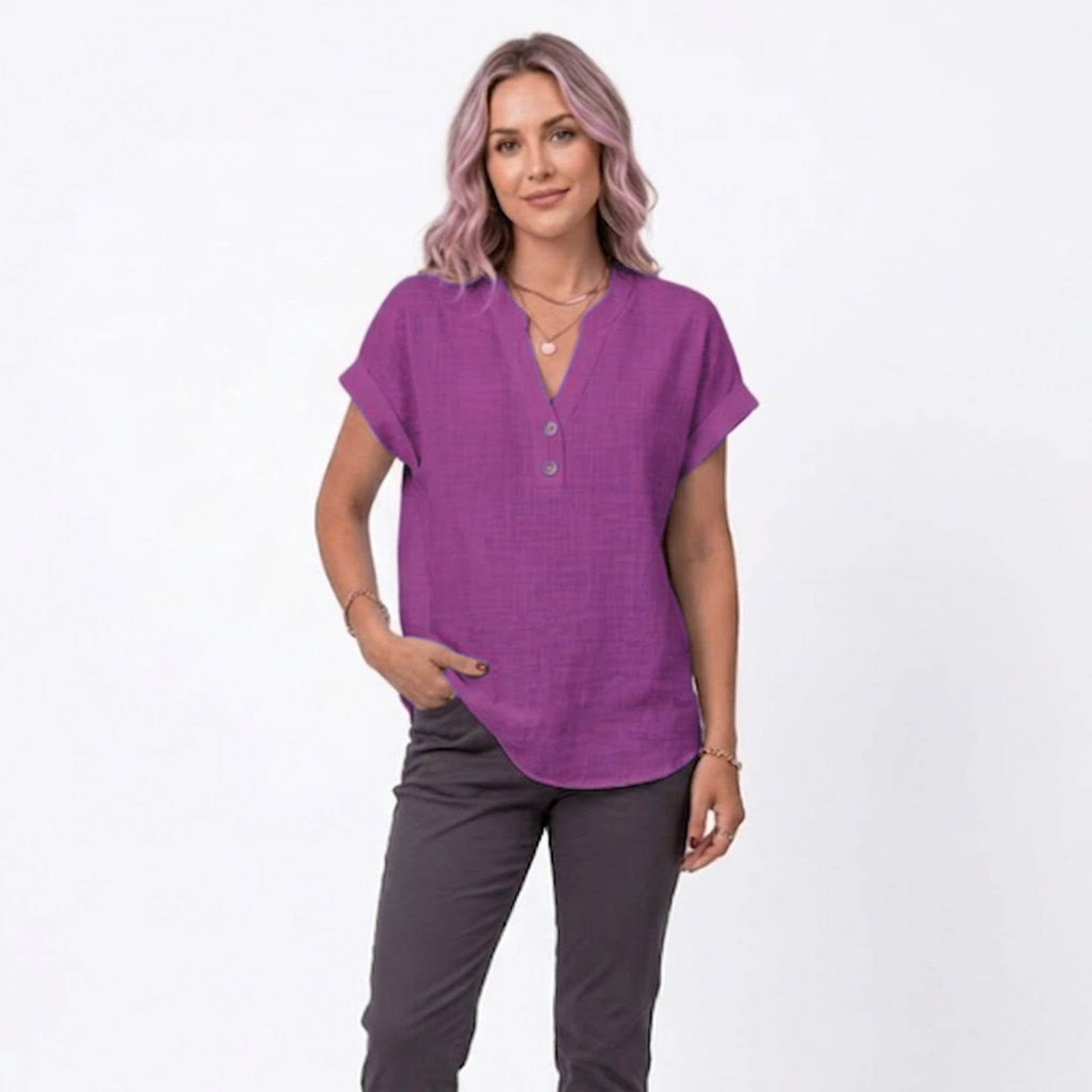 Cotton and Linen V-Neck Short Sleeve Blouse for Women
