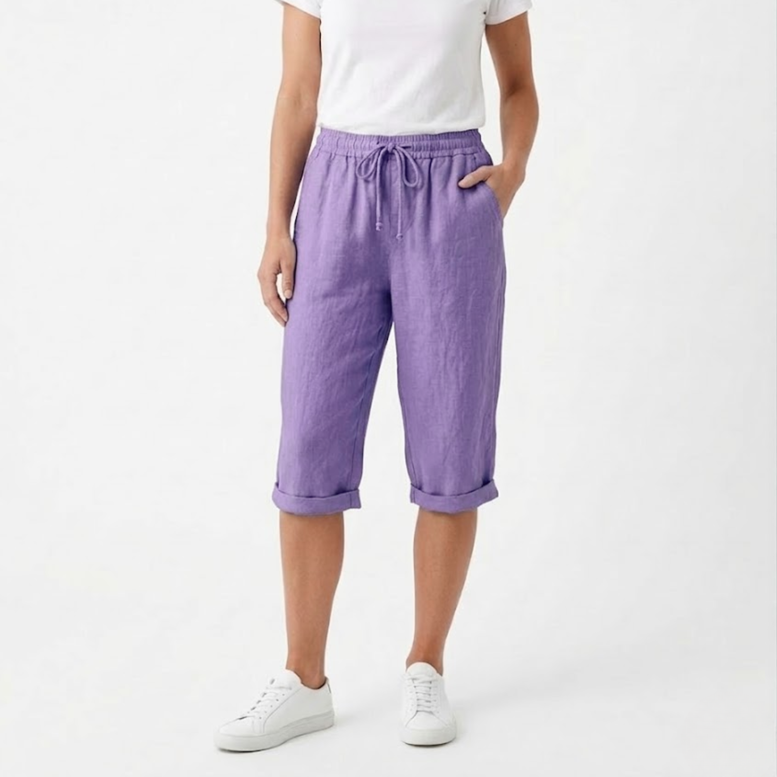 Cotton and Linen Shorts with Elastic Waist and Pockets for Women