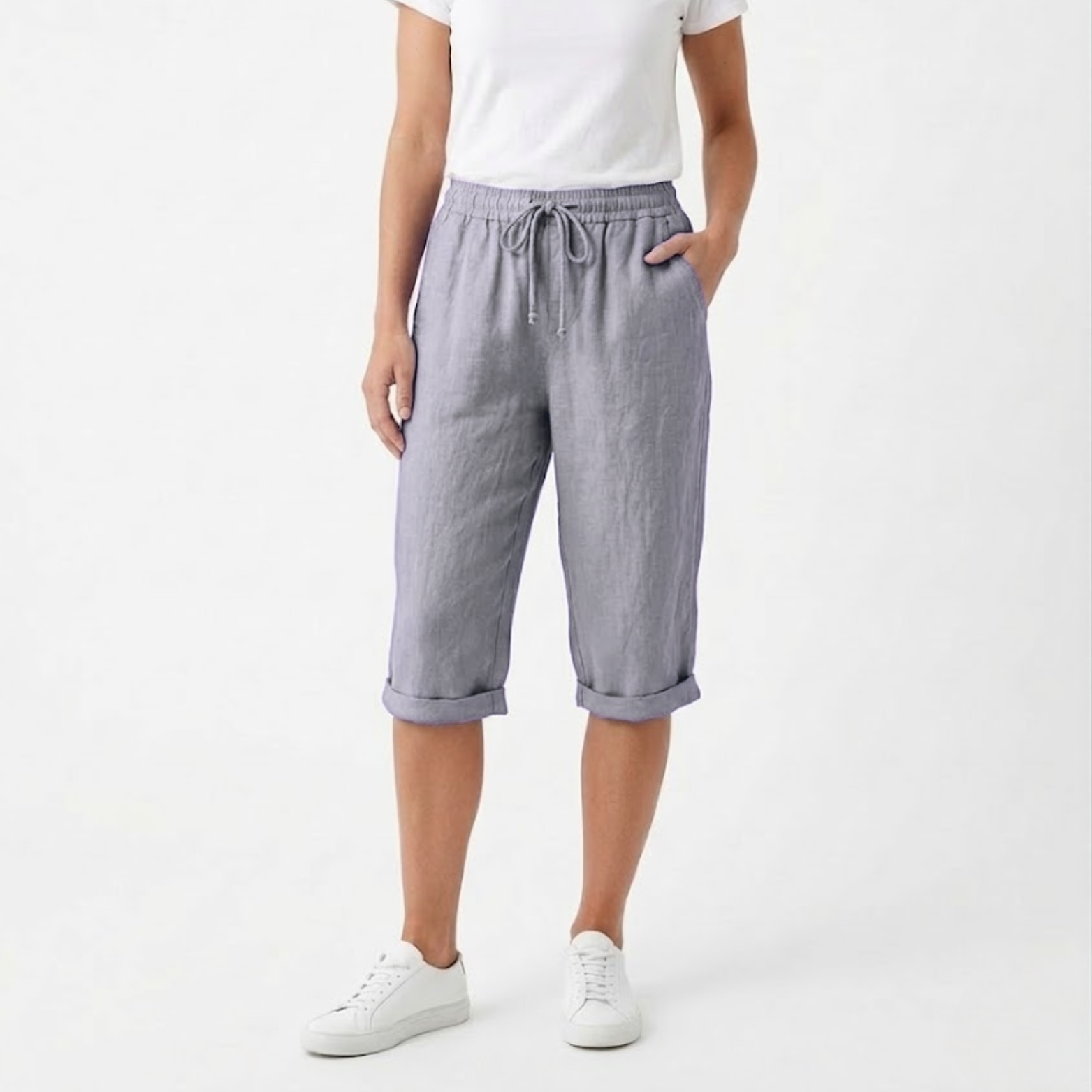 Cotton and Linen Shorts with Elastic Waist and Pockets for Women