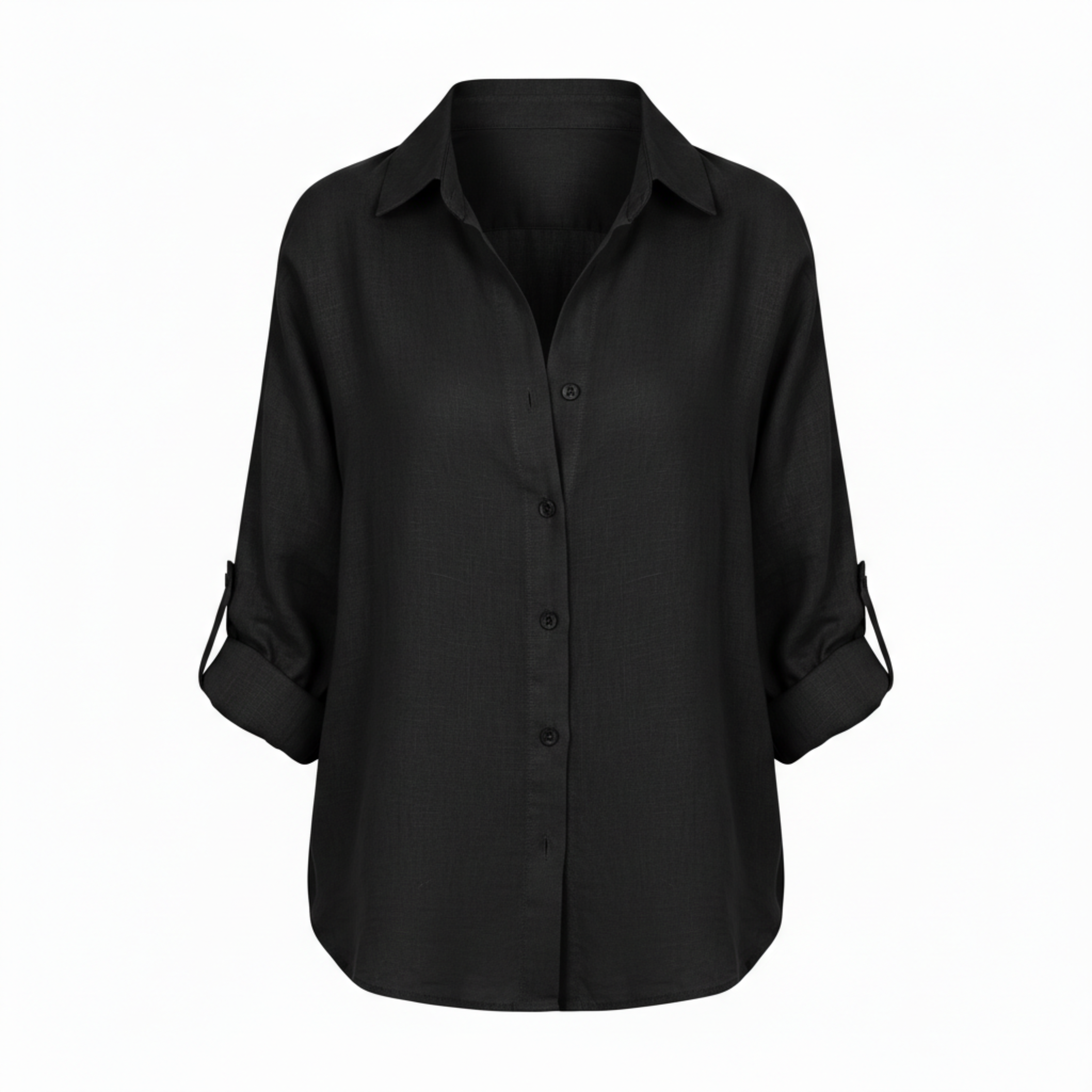 Loose casual button-up shirt for women with three-quarter sleeves and split neckline