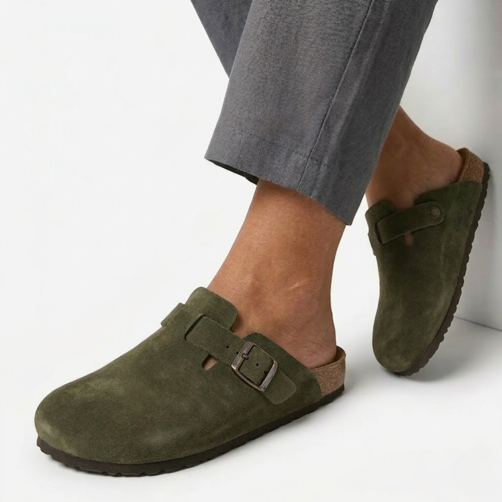 Suede Clogs with Cork Sole and Adjustable Buckle for Women