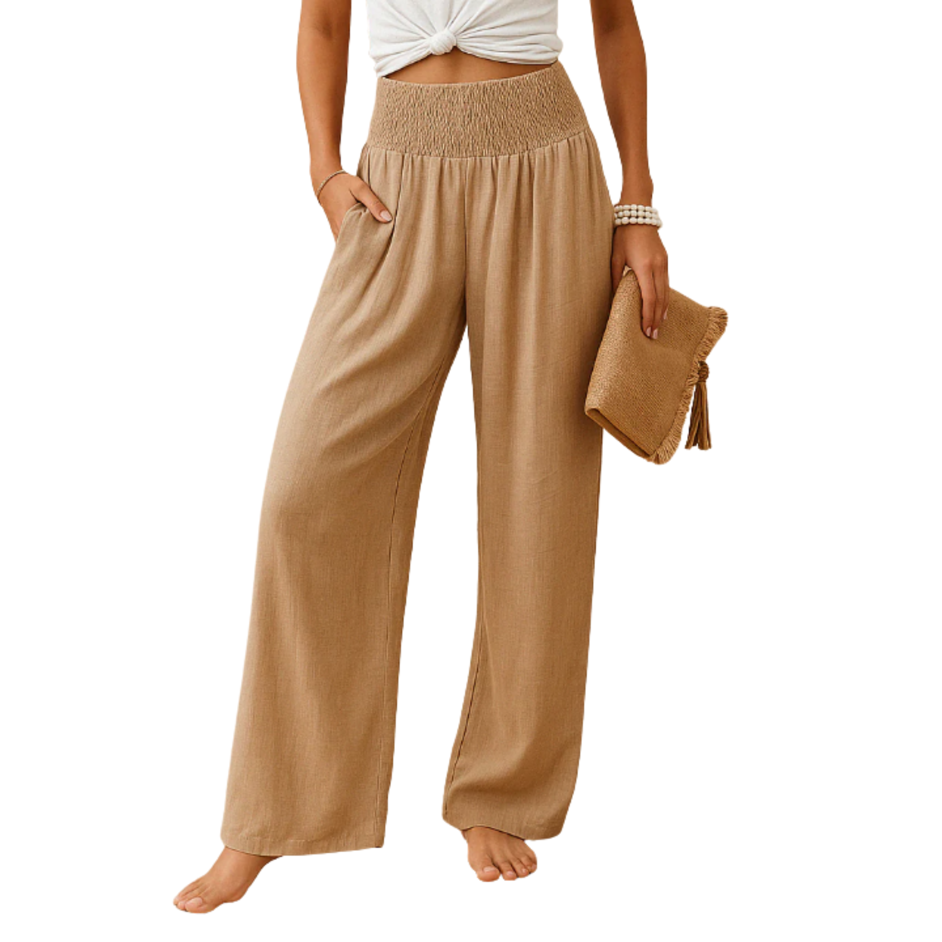 Women's pants linen and cotton blend — elastic waist straight cut | everyday