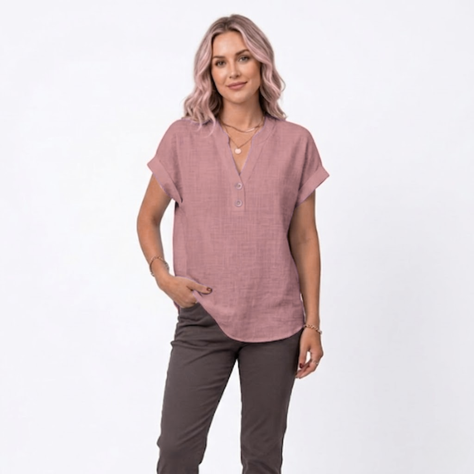 Cotton and Linen V-Neck Short Sleeve Blouse for Women