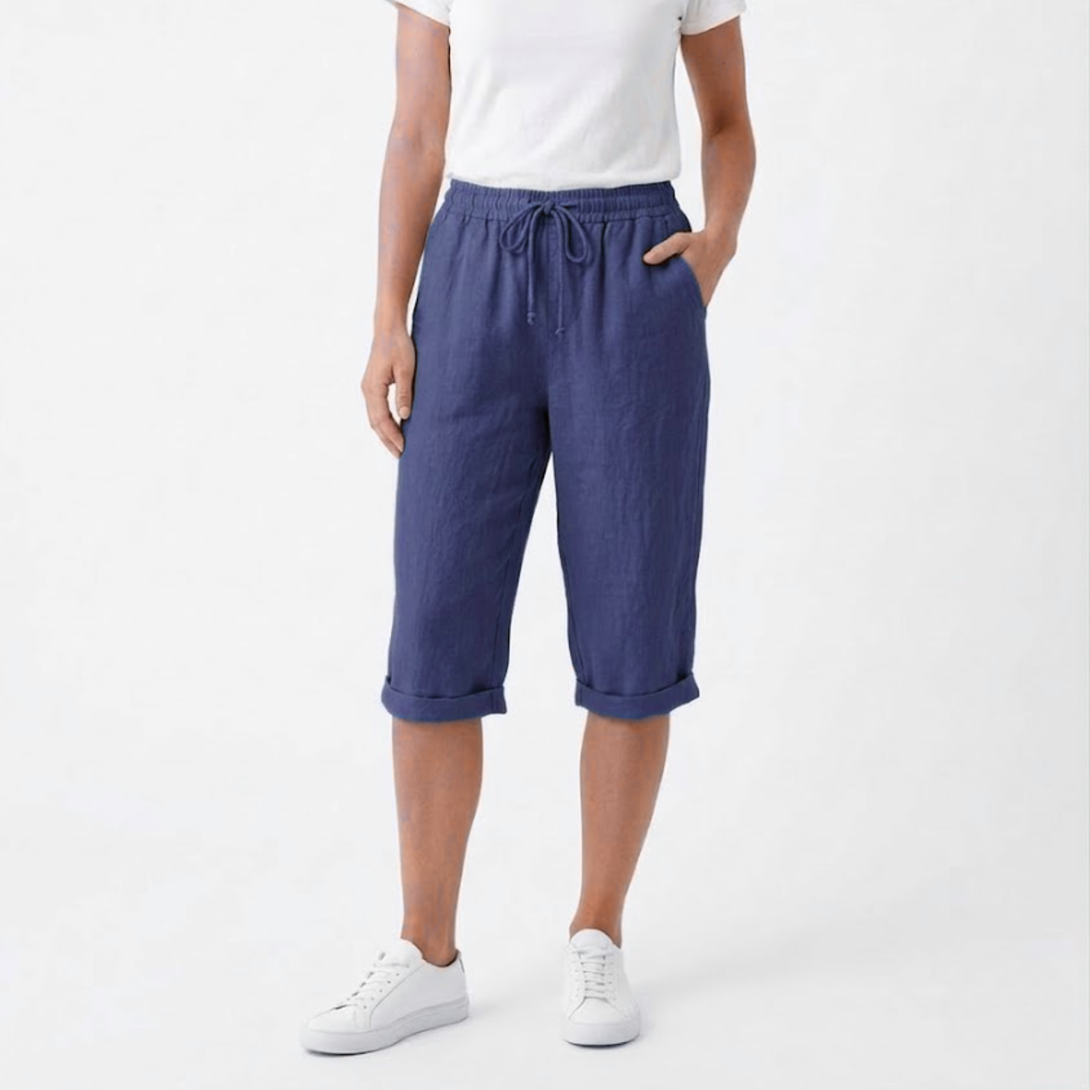 Cotton and Linen Shorts with Elastic Waist and Pockets for Women