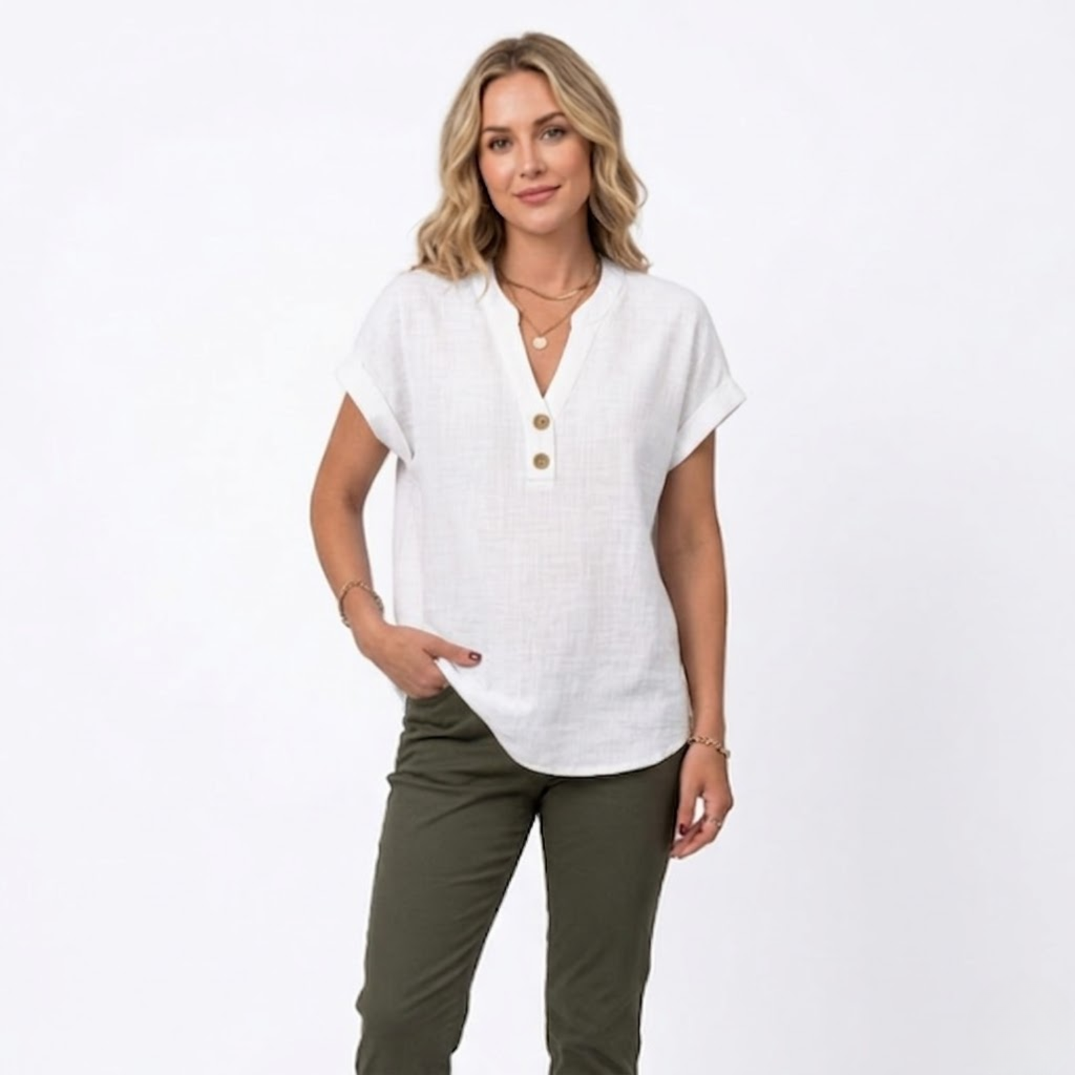 Cotton and Linen V-Neck Short Sleeve Blouse for Women