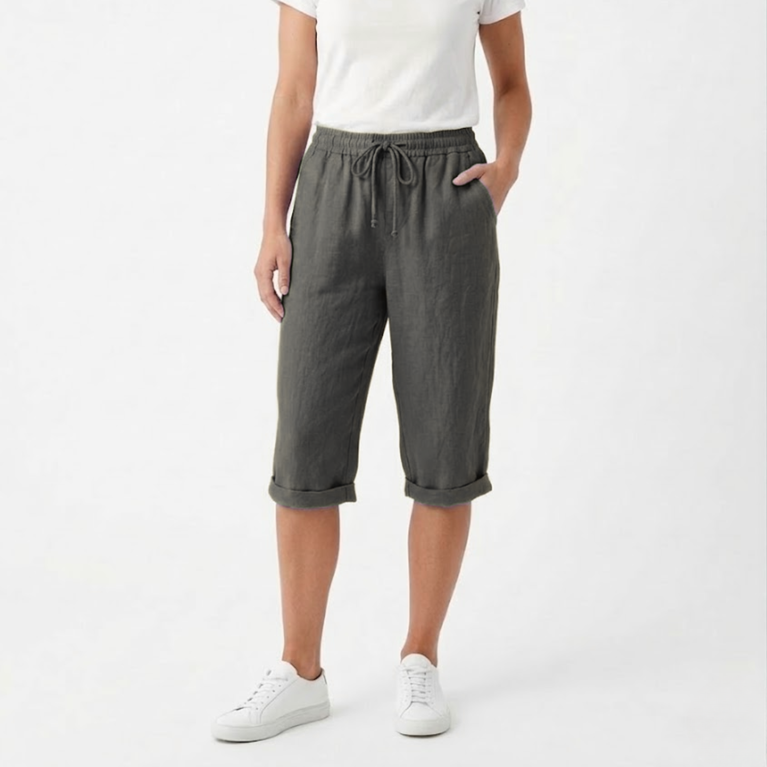 Cotton and Linen Shorts with Elastic Waist and Pockets for Women