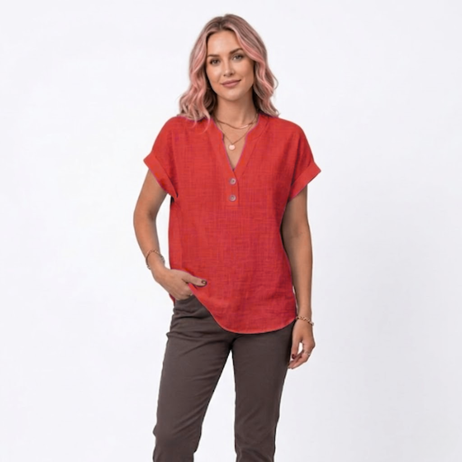 Cotton and Linen V-Neck Short Sleeve Blouse for Women