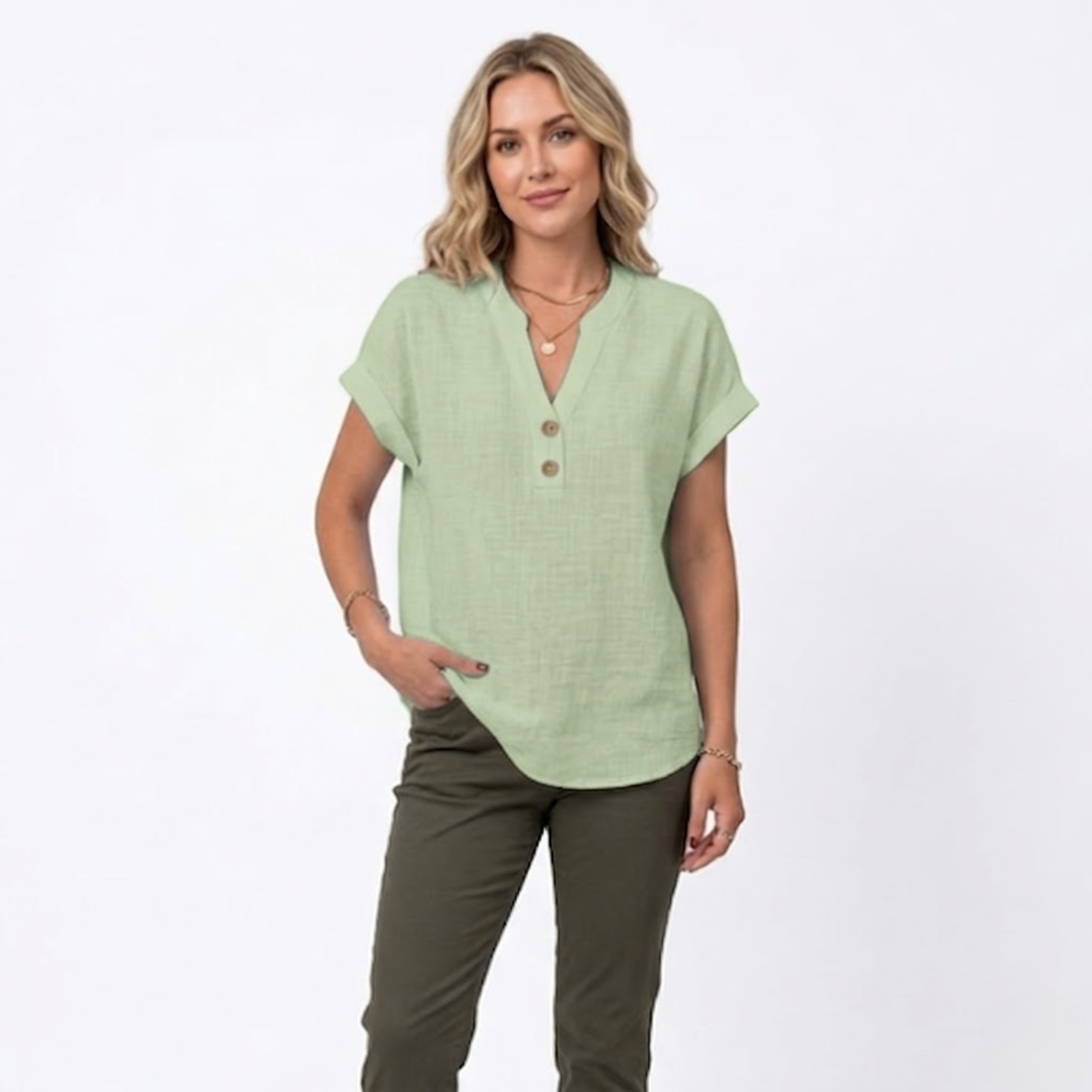 Cotton and Linen V-Neck Short Sleeve Blouse for Women