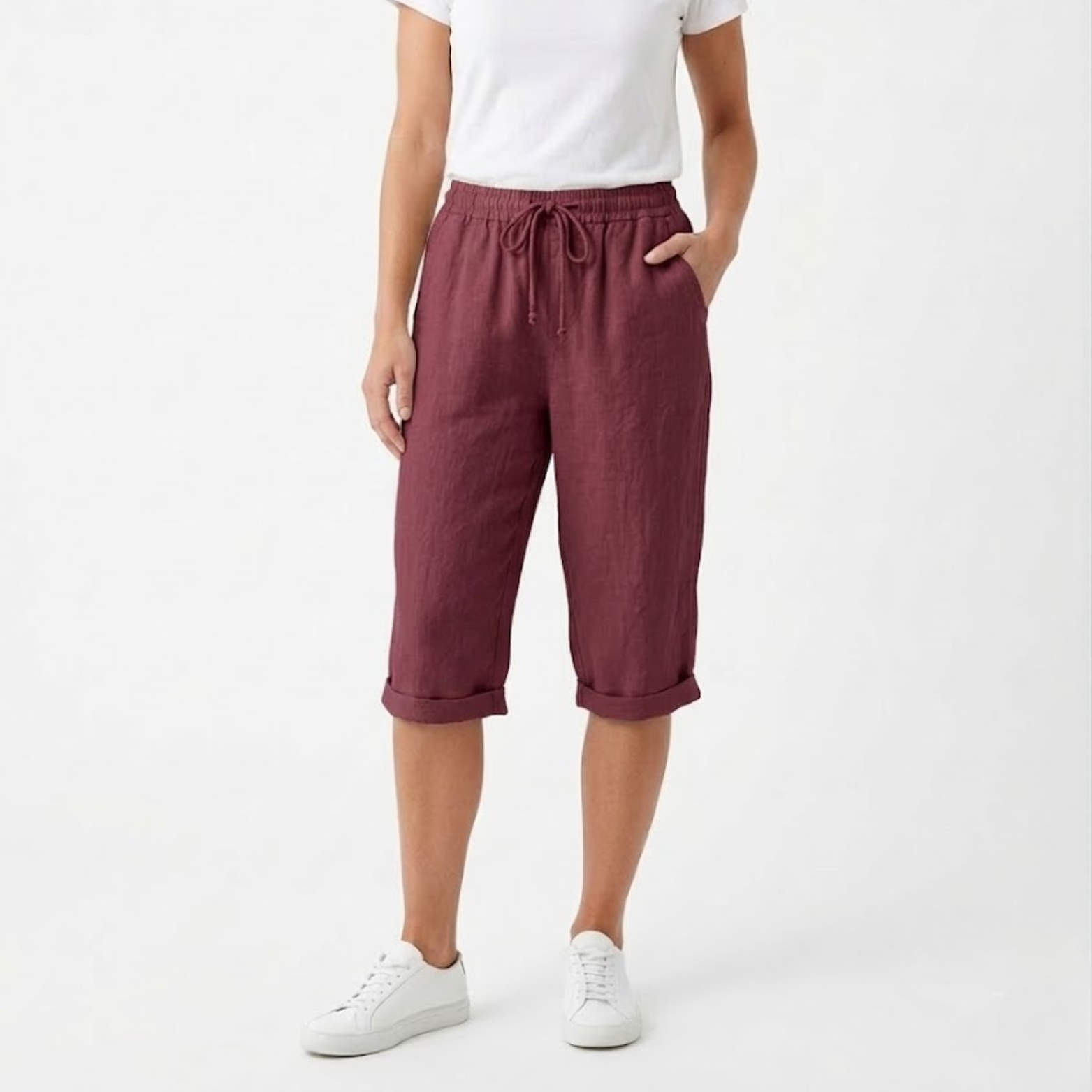 Cotton and Linen Shorts with Elastic Waist and Pockets for Women