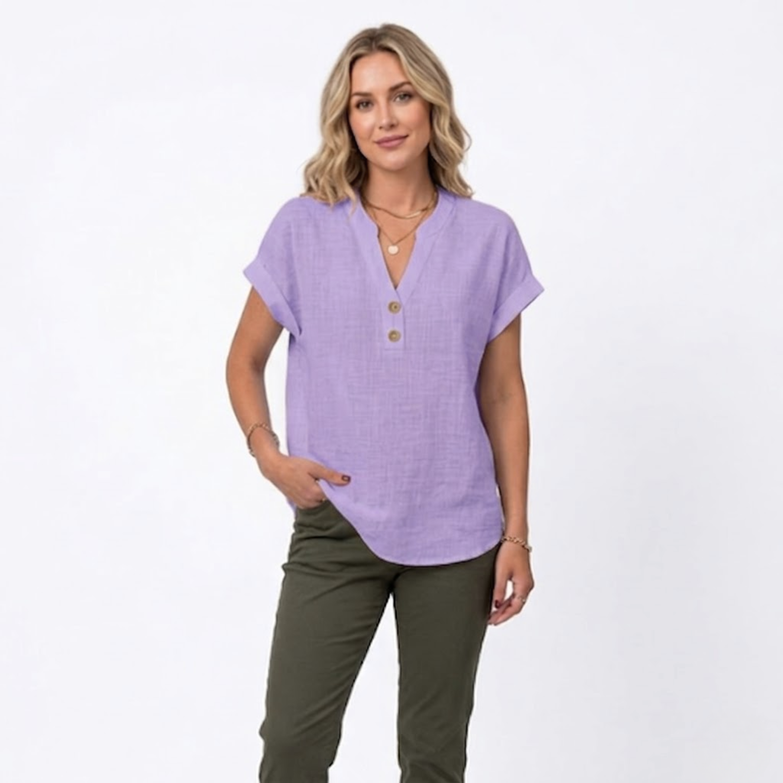 Cotton and Linen V-Neck Short Sleeve Blouse for Women