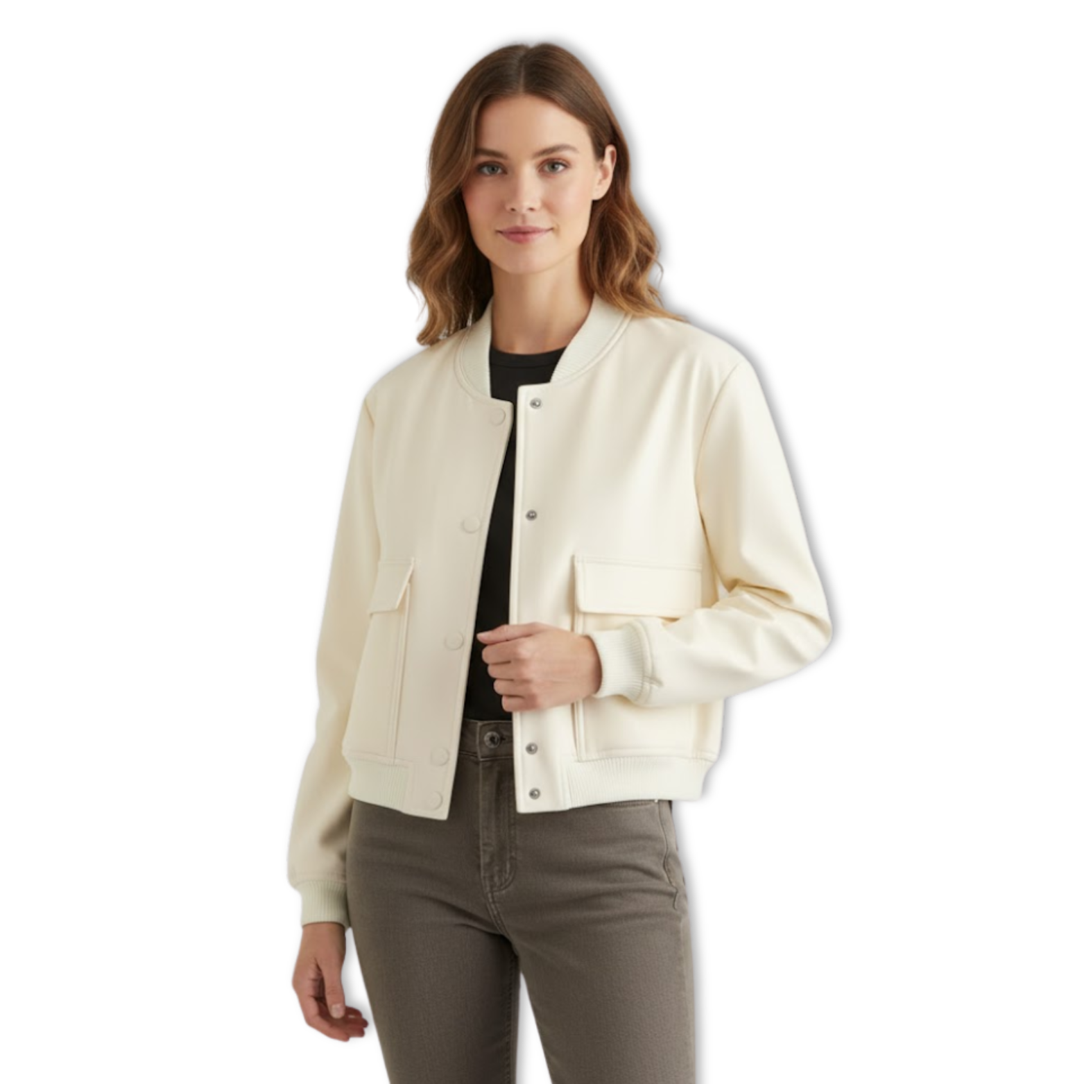 Short women's bomber jacket with snap buttons and large patch pockets