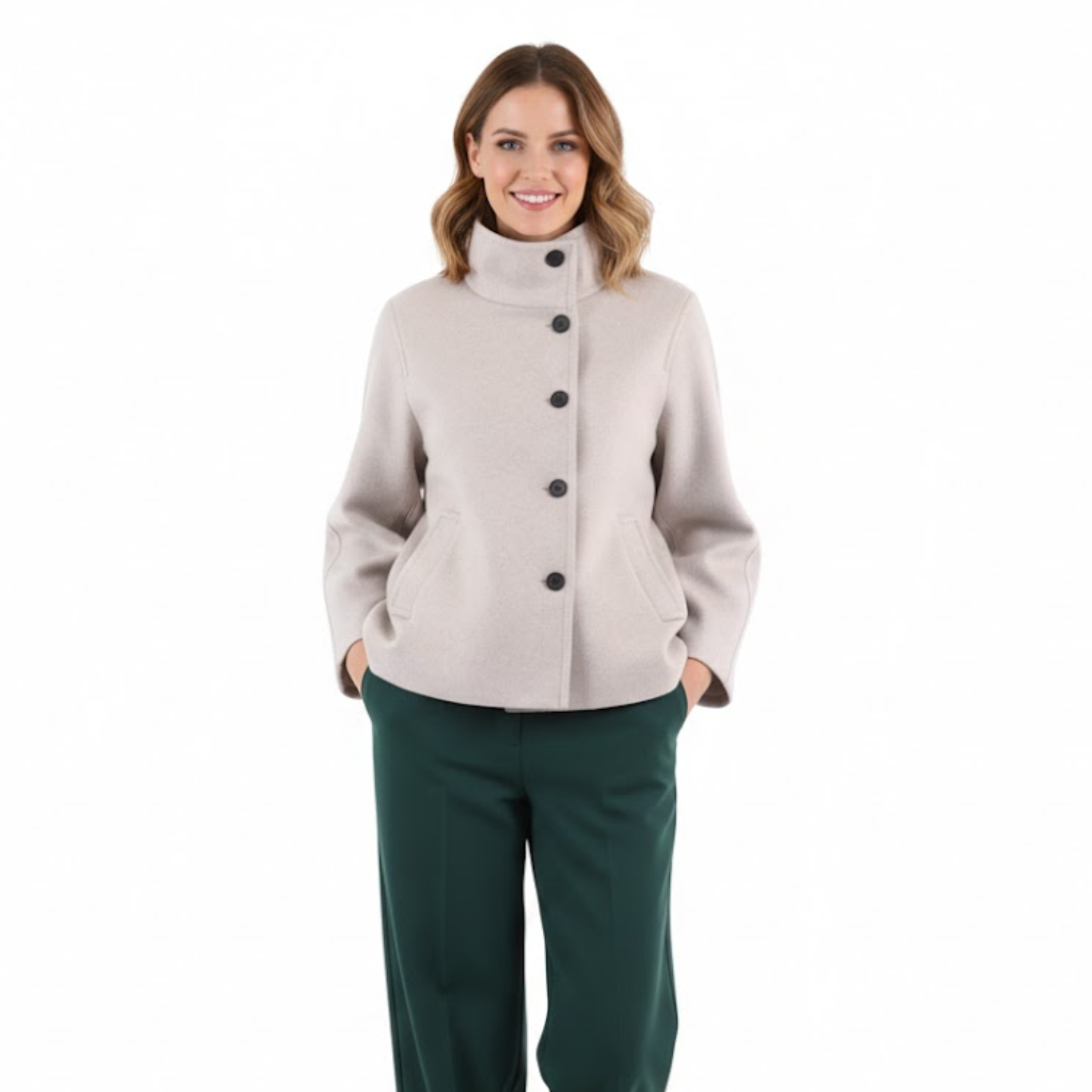 Short jacket for women with a high collar and single-button closure, casual fit
