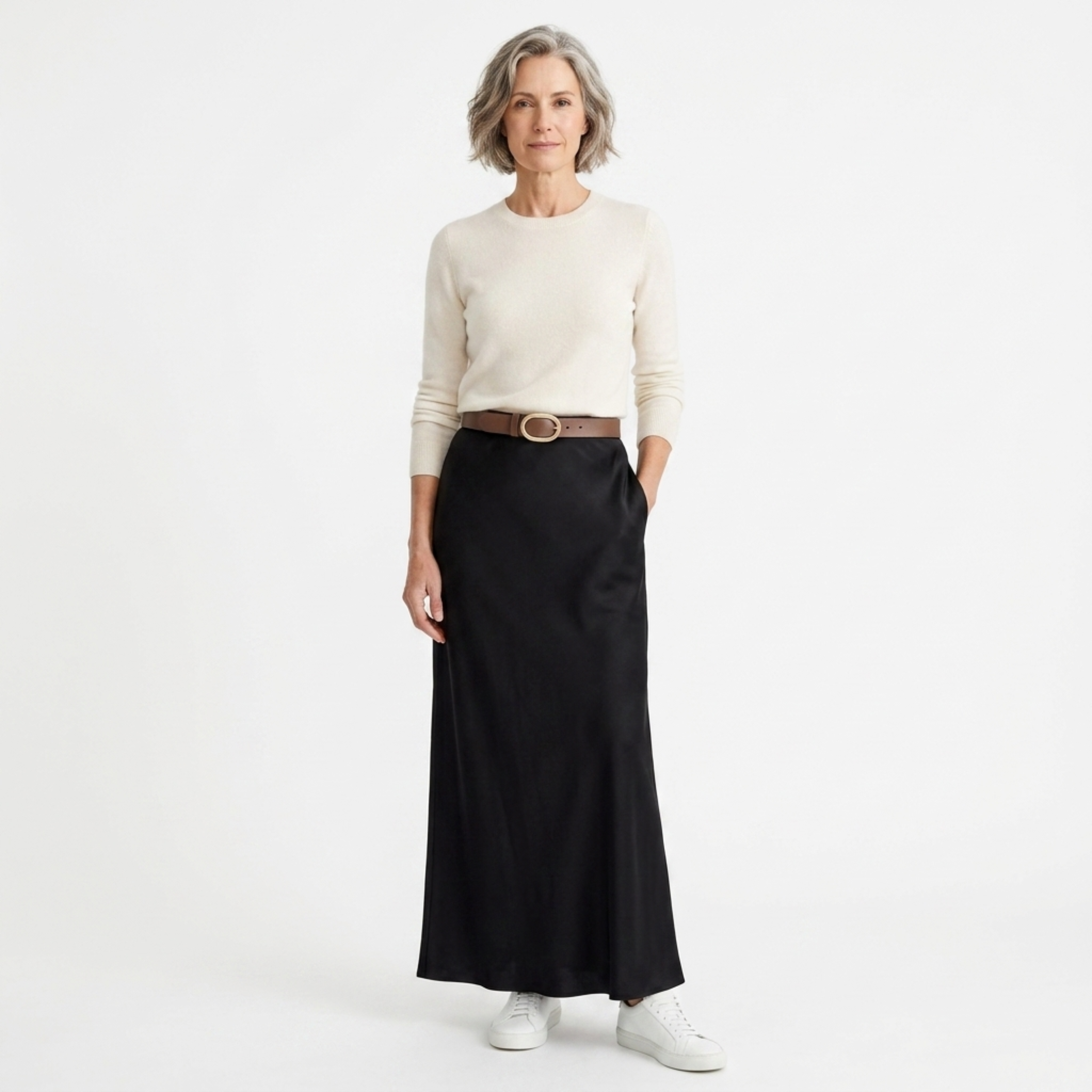 Long satin maxi skirt — high waist mermaid cut — evening wear