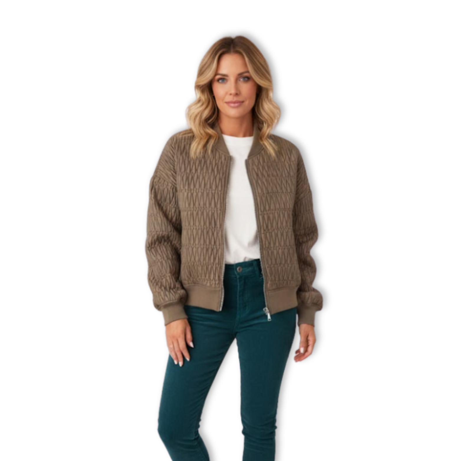 Quilted bomber jacket with stand-up collar and embossed texture