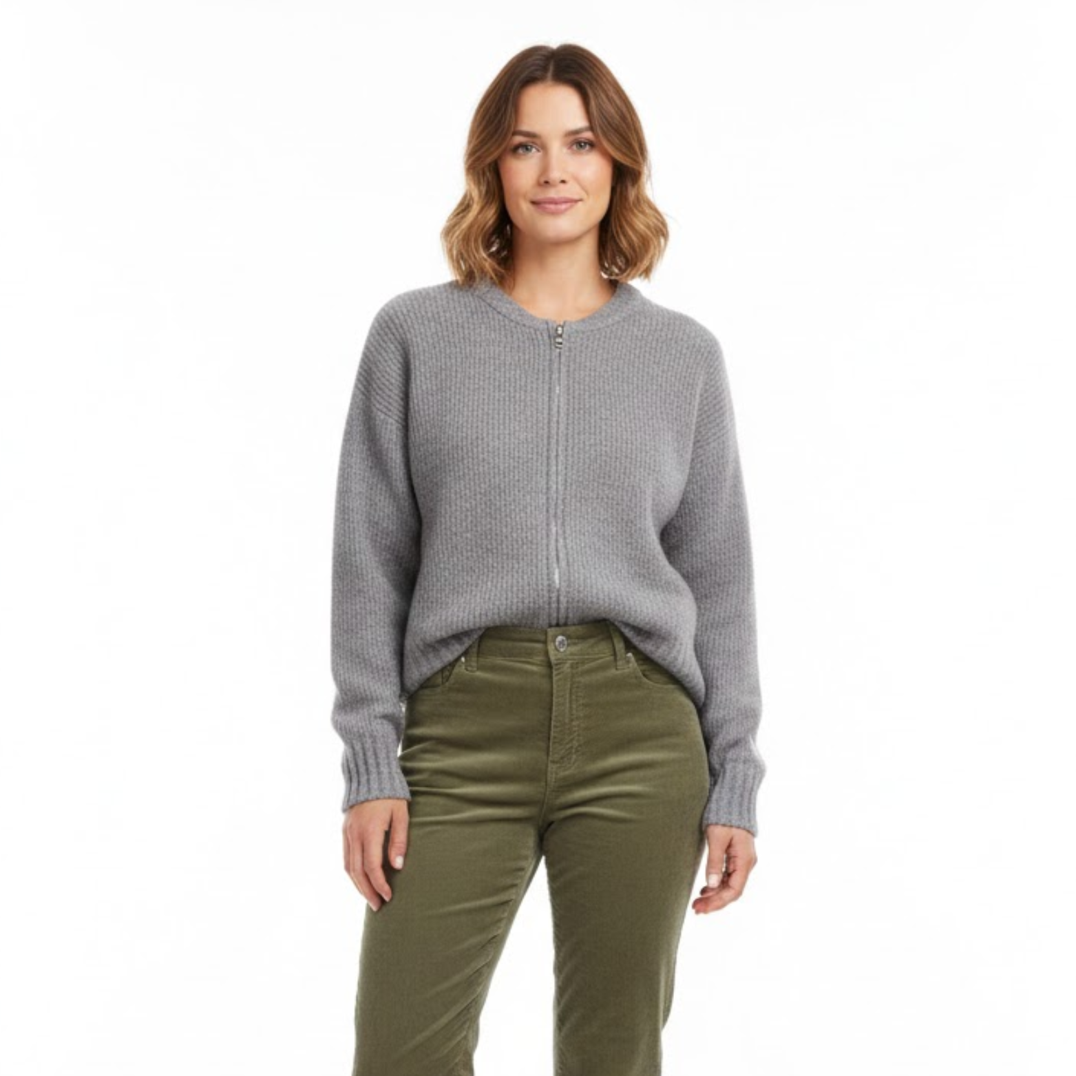 Knitted zip-up sweater jacket for women with round neck, casual vintage style