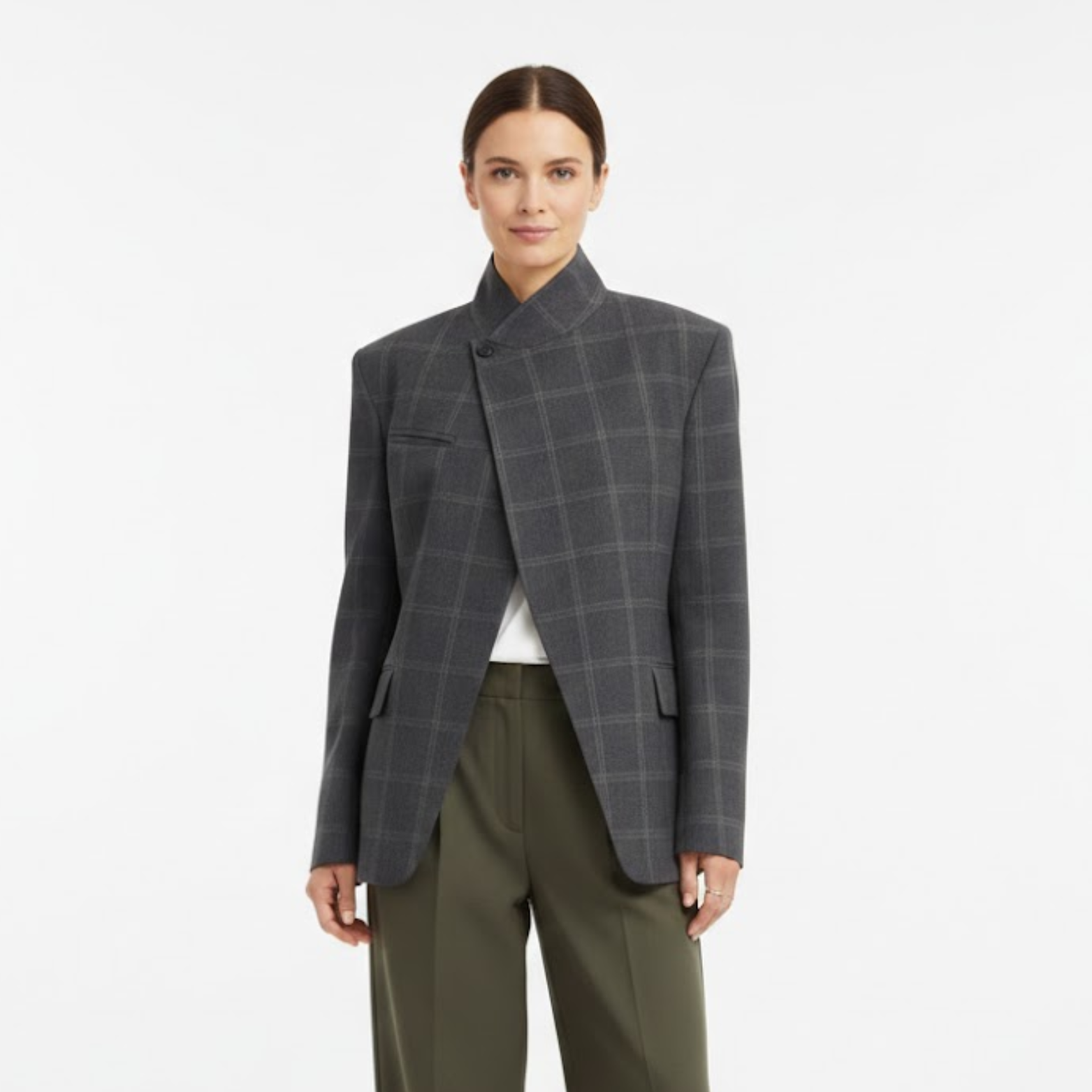 Short jacket with tartan pattern for women with stand-up collar and split sleeves