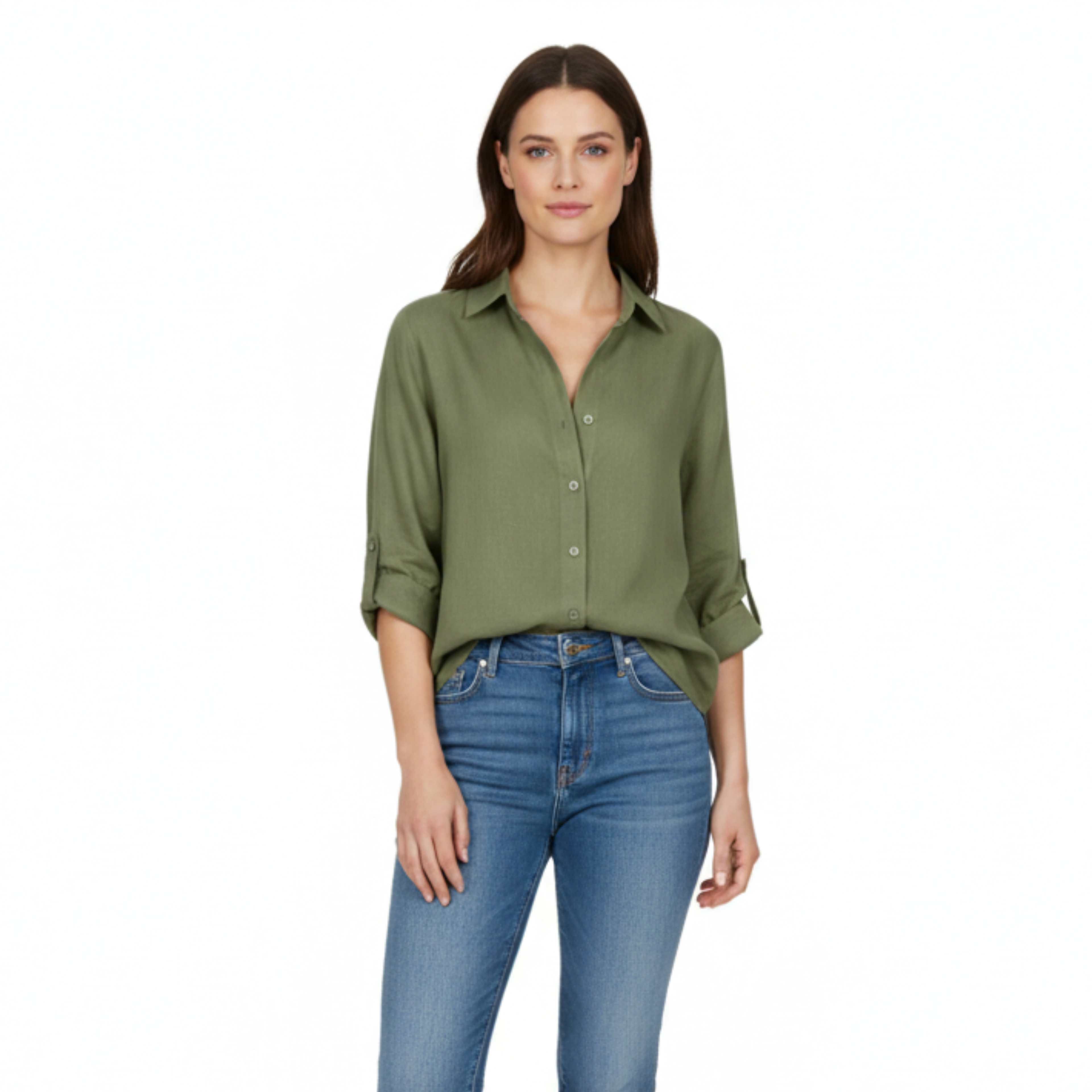 Loose casual button-up shirt for women with three-quarter sleeves and split neckline