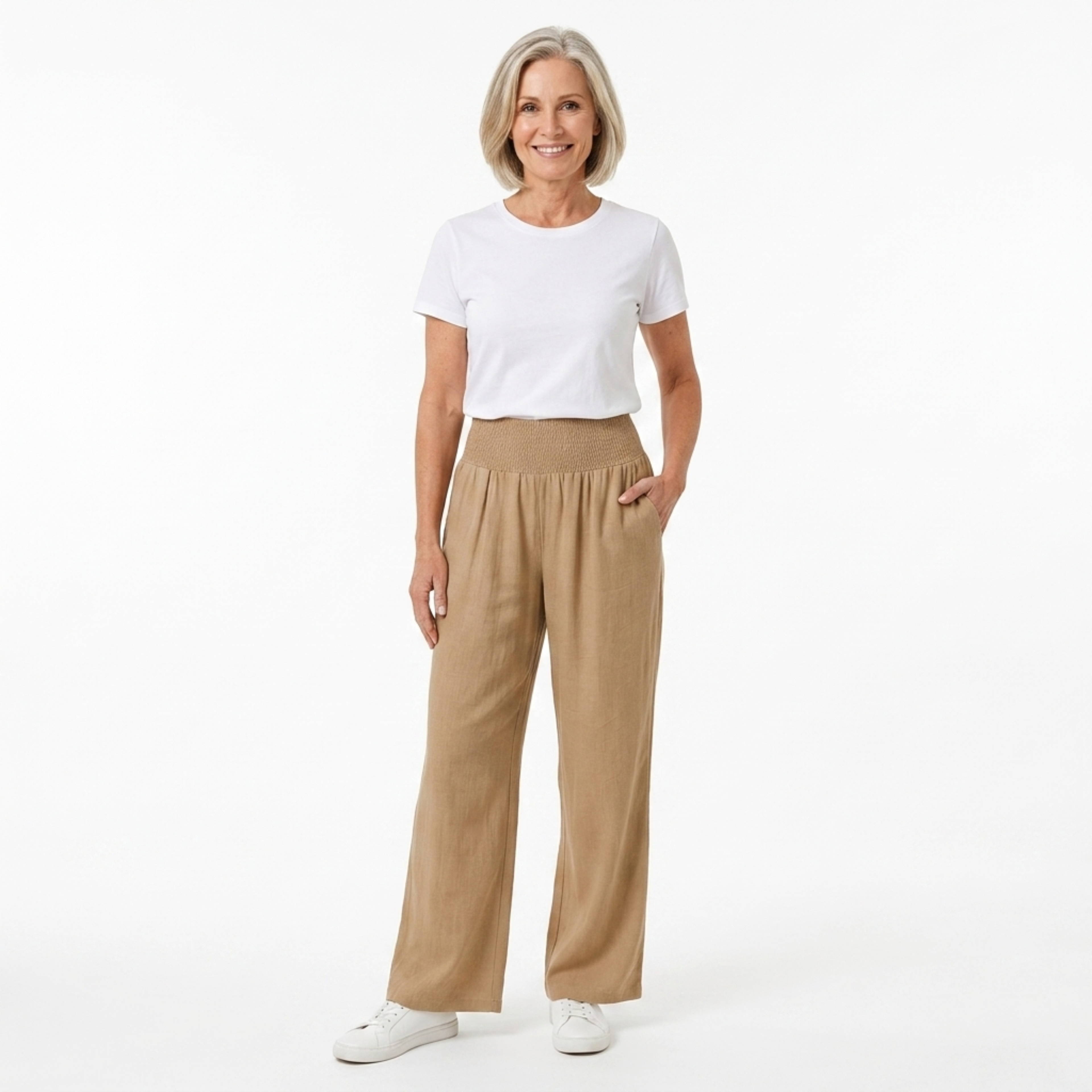 Women's pants linen and cotton blend — elastic waist straight cut | everyday