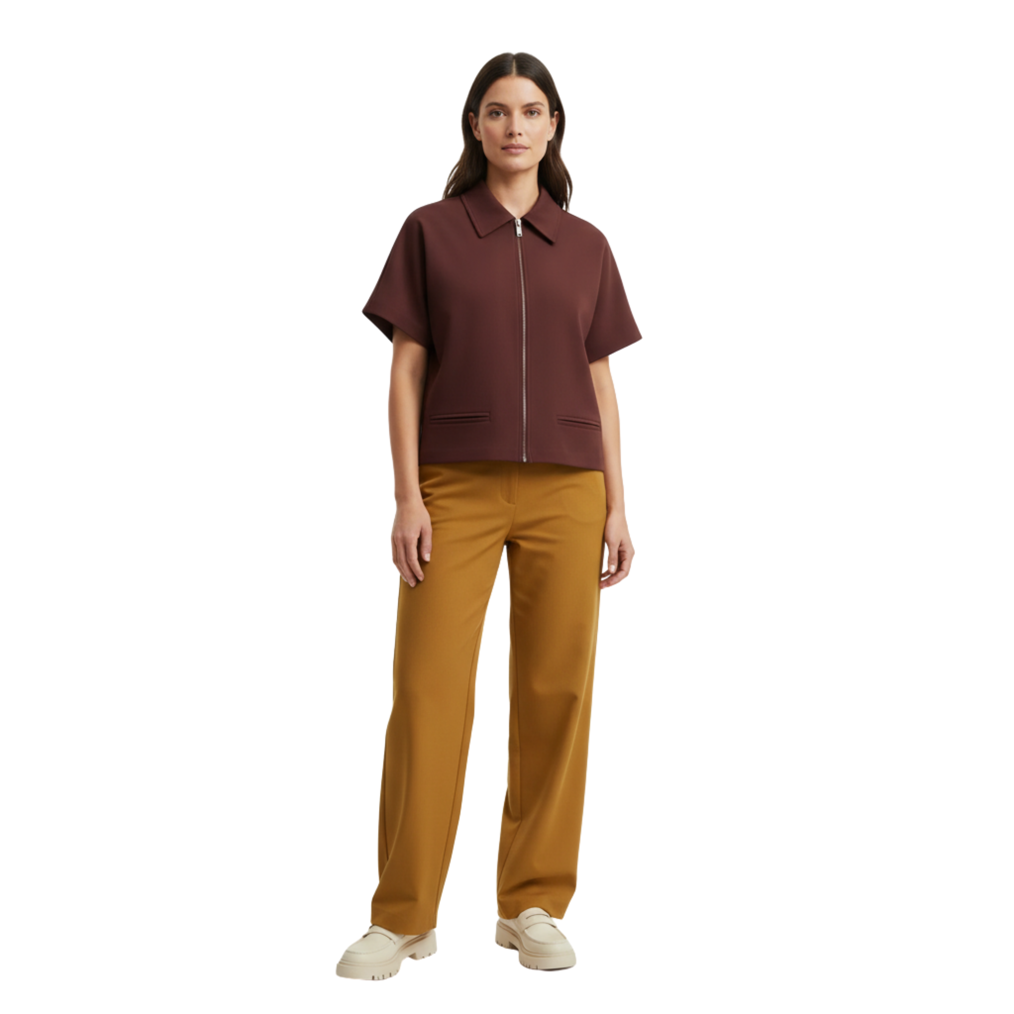 Short Polyester Jacket with Short Sleeves and Zipper for Women
