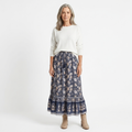 Long floral maxi skirt — trapeze cut with tassels — summer vacation