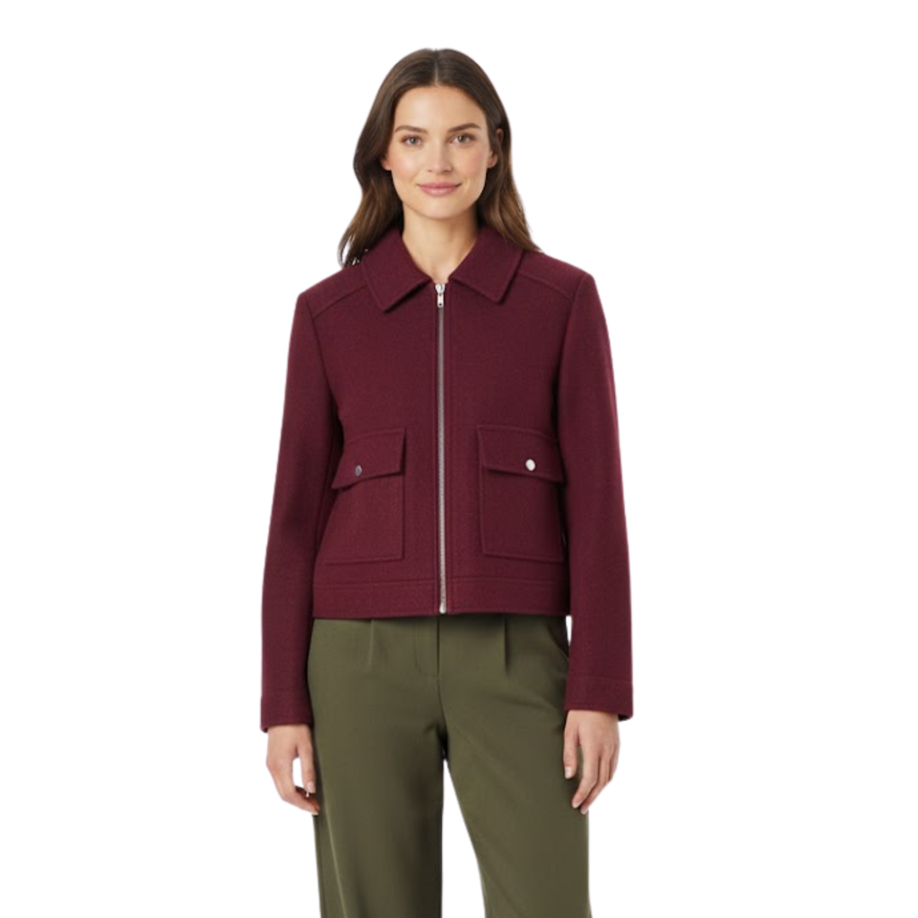 Women's short double-breasted jacket with tailored collar, stylish structured casual design