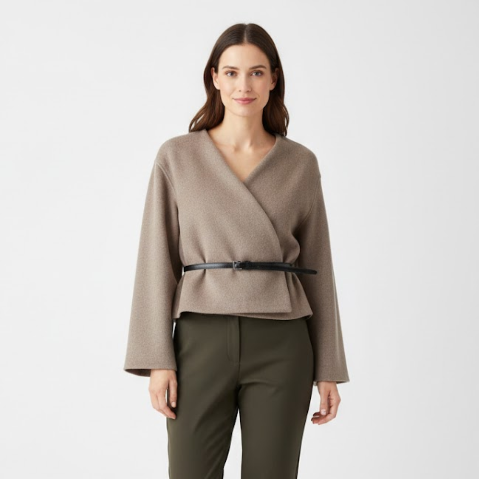 Short coat for women with belt and crossed V-neck casual jacket