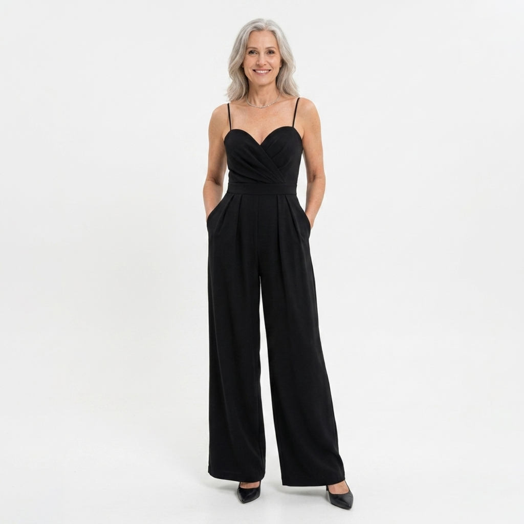 Women's high-waisted jumpsuit — wide legs and sweetheart neckline — evening