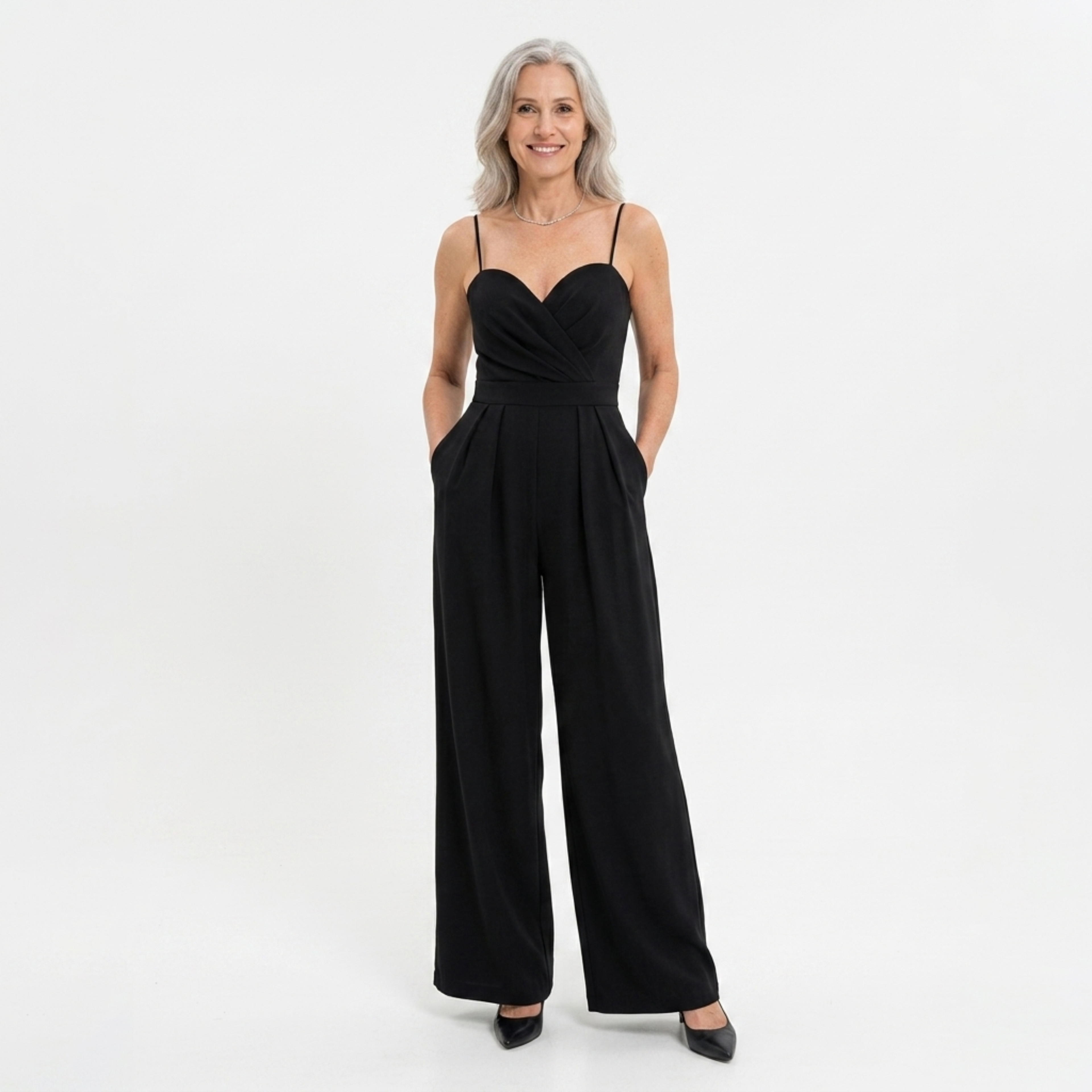 Women's high-waisted jumpsuit — wide legs and sweetheart neckline — evening