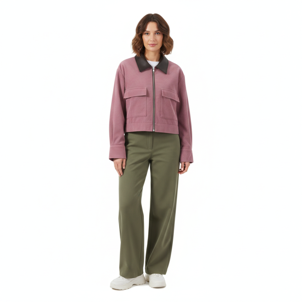 Short Corduroy Jacket with Contrasting Collar and Zipper Closure for Women